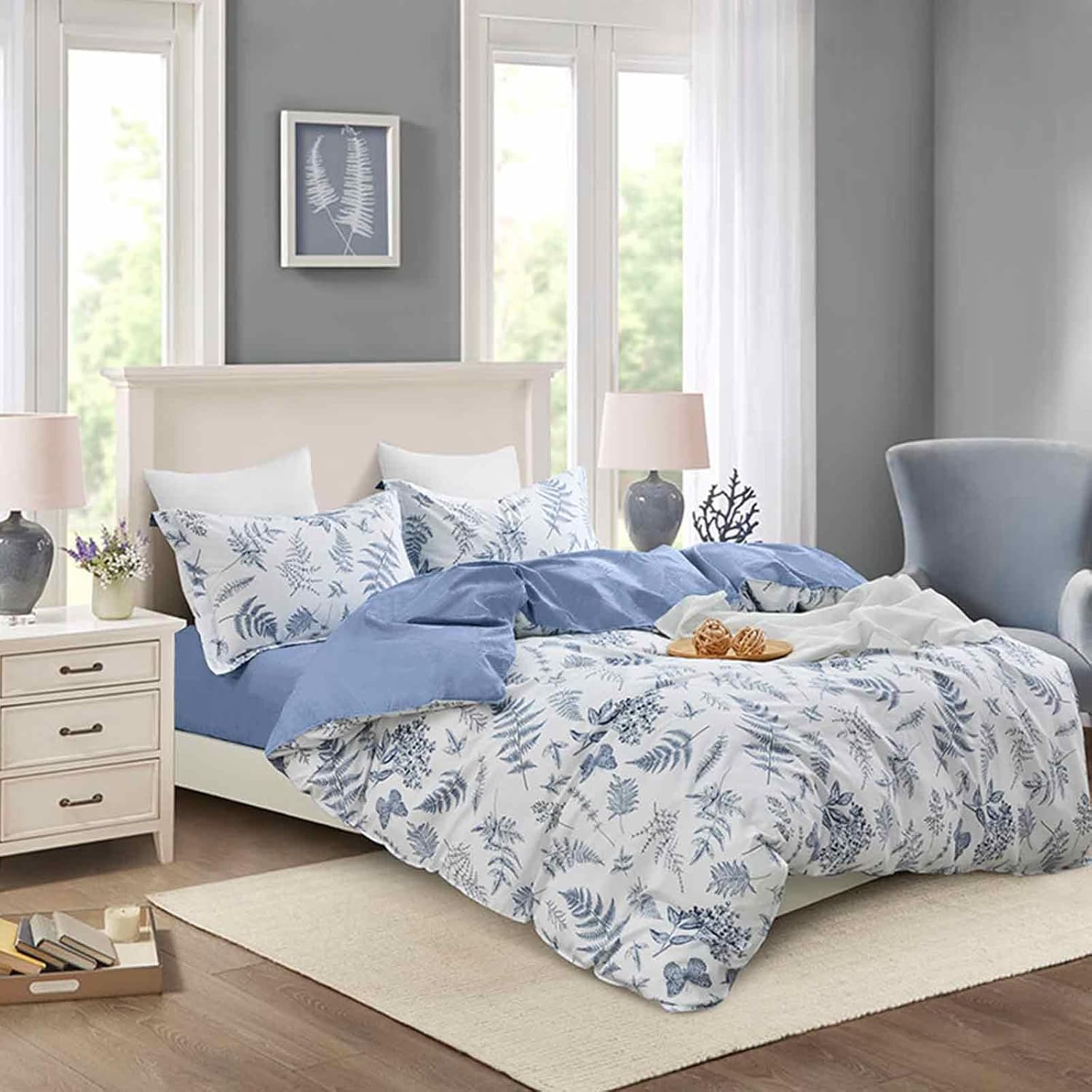 White Blue Floral Queen Size Duvet Cover, Soft Botanical Flower Leaf Patterned Reversible Quilt Cover Set, 1 Farmhouse Plants Printed Duvet Cover with Zipper and 2 Pillowcases for Women Men - Image 3