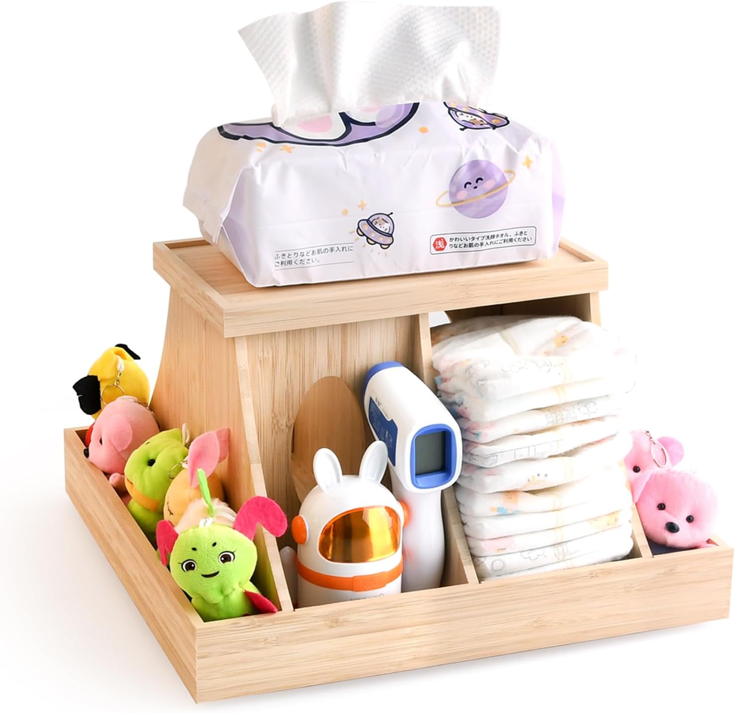 Wooden Baby Diaper Cabby Organizer, 360 Degrees Rotating Bamboo Cabby Storage with Removable Divides, Nursery Diaper Organizer