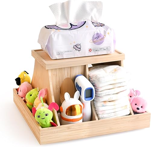Miniatura 8 de Organizador de pañales de madera para bebé, 360 grados giratorio de bambú con divisiones extraíbles, organizador de pañales para guardería