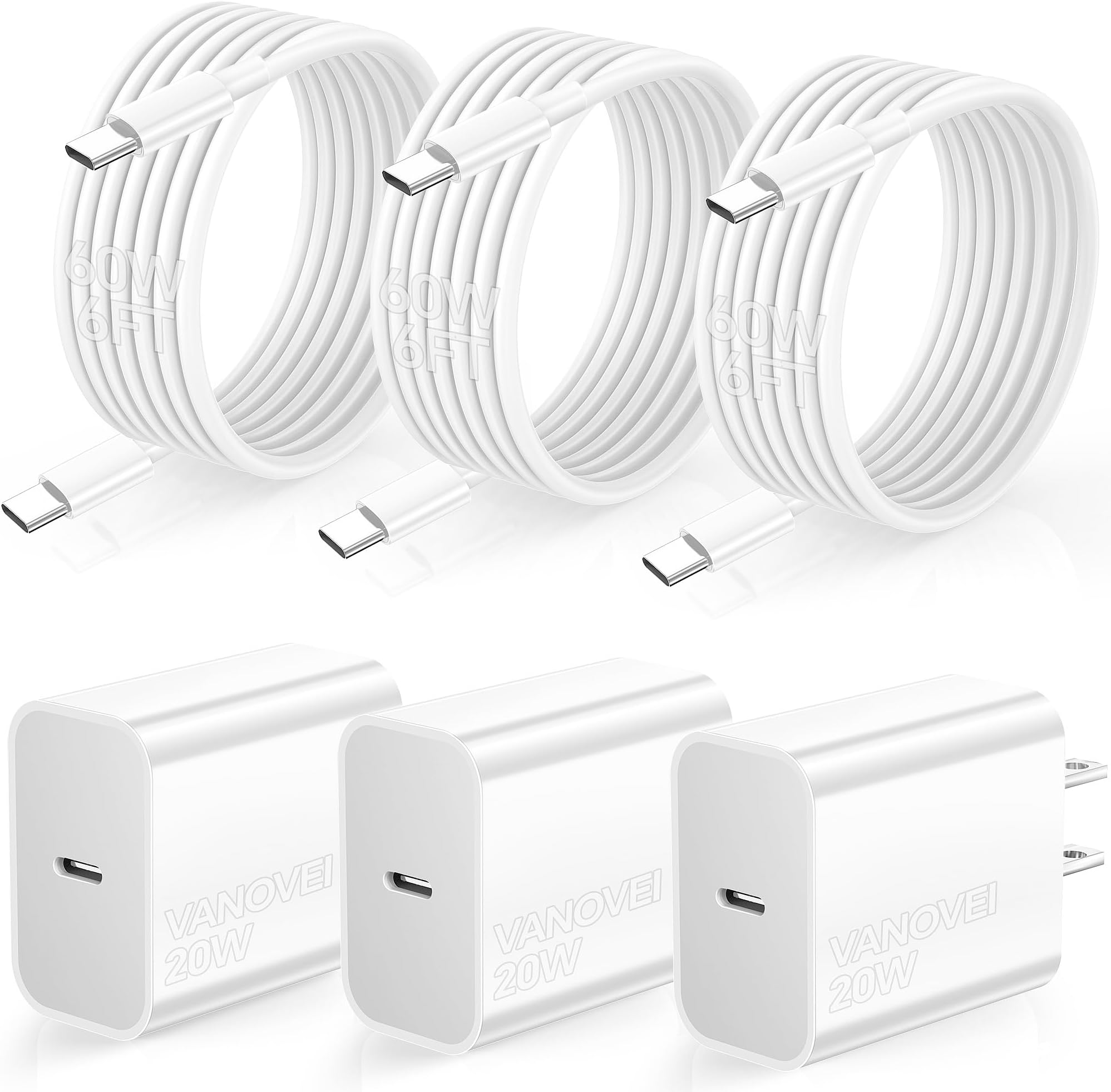 for iPhone USB C Charger Fast Charging, 3Pack 20W USB C Charger Block with 60W USB C to C Cable 6FT, USB C Charger Cord Compatible with iPhone 16/15 Plus/Pro Max/Pro/Samsung S23/Android Charger White