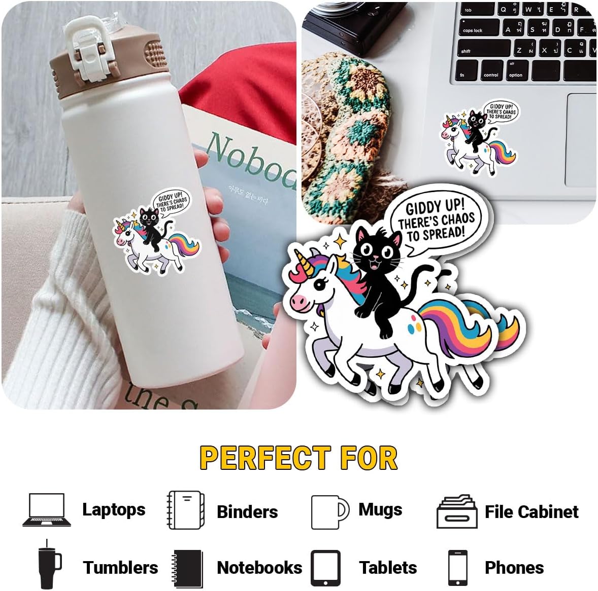 3Pcs Giddy Up There's Chaos to Spread Sticker Funny Cat Riding Unicorn Gift image 3