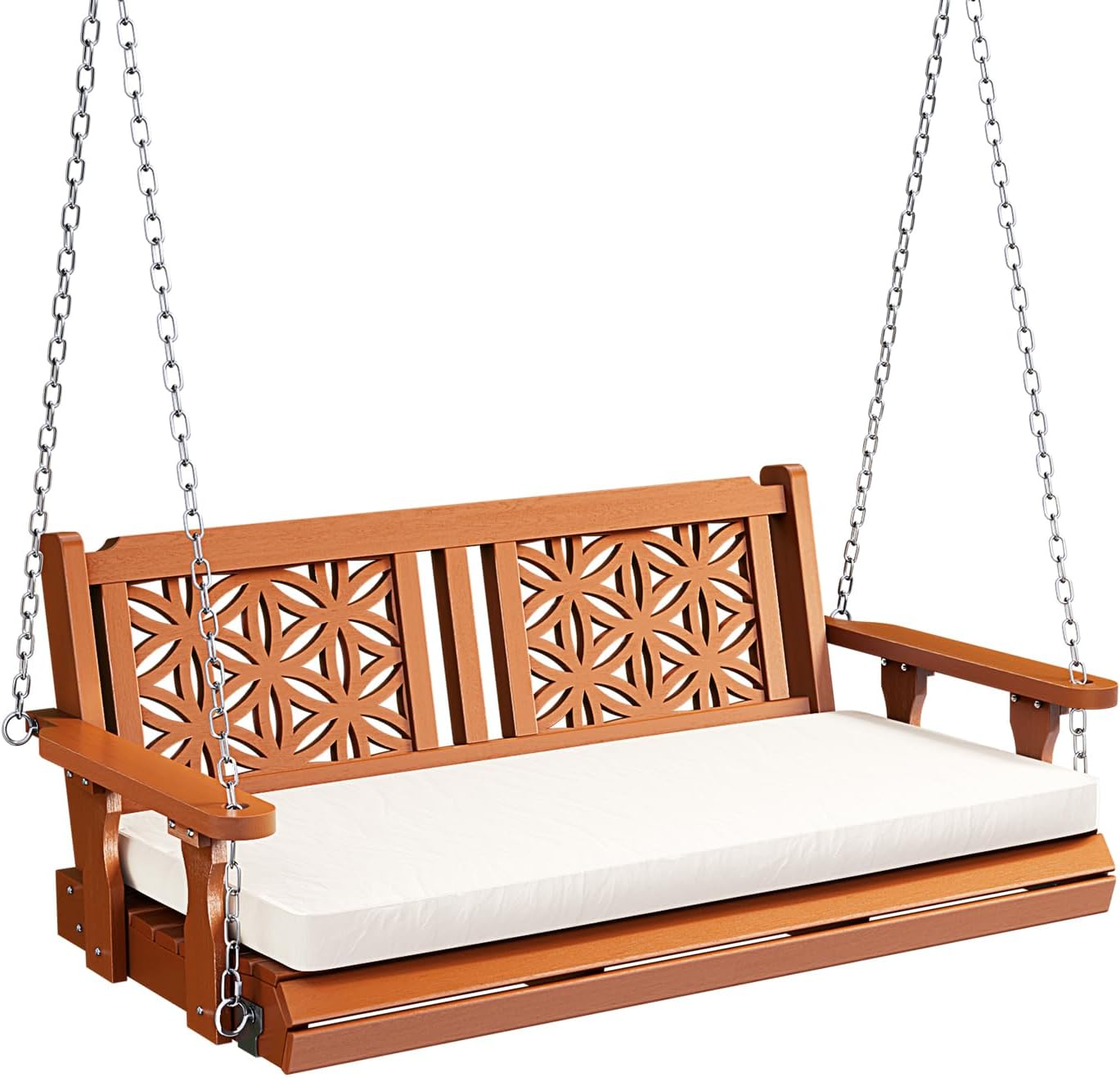 VINGLI 4.5 FT Outdoor Porch Swing with Cushions, Heavy Duty 880 LBS 2-Person Wooden Patio Swings with Eternal Flower Pattern and Fade-Resistant Seat Cushion for Yard, Garden, Tree (Brown)