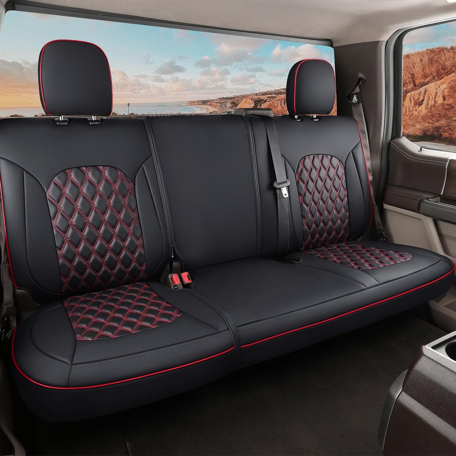 Huidasource Rear Bench Leather Seat Covers Fit for Chevy Silverado GMC Sierra 1500 2007-2013 & 2019-2025, 2500HD 3500HD 2020-2025 Crew Double Extended Cab WT LS LT Custom(Back Row/Black&Red)