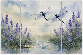 8 Pack Art Acoustic Panels Sound Absorbing Dragonflies Lavender Flowers by Serene Pond Soft Watercolor Style Decorative Soundproof Wall Panels Self Adhesive for Home Recording Studios 48"x32"