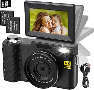 Camera, 4K Digital Camera for Photography with 3'' 180°Flip Screen, Autofocus 48MP Video Cameras for YouTube with 16X Digital Zoom, 2 Batteries and Charging Cable for Travel