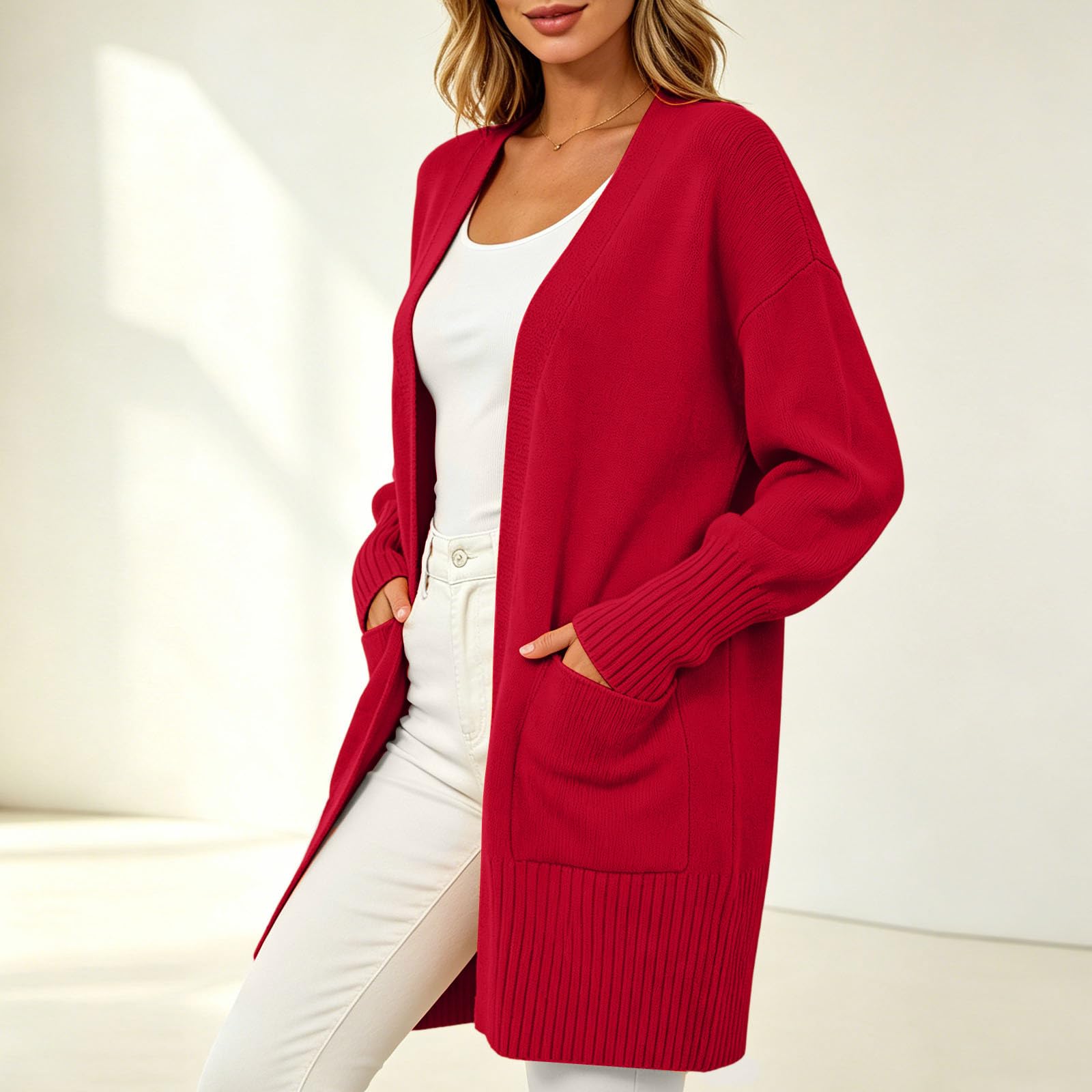 Gilet Ouvert pour Femme, Poches Latérales, Manches Longues, Coupe Longue