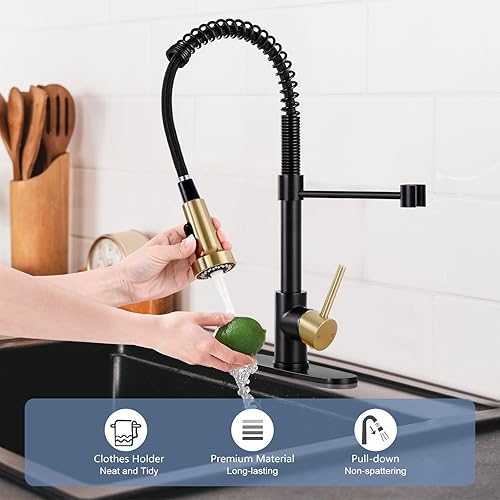 Miniatura 4 de DJS - Grifos de cocina con rociador extraíble, acabado negro mate y dorado cepillado, arco alto, una manija, para 1 o 3 orificios, grifo de resorte