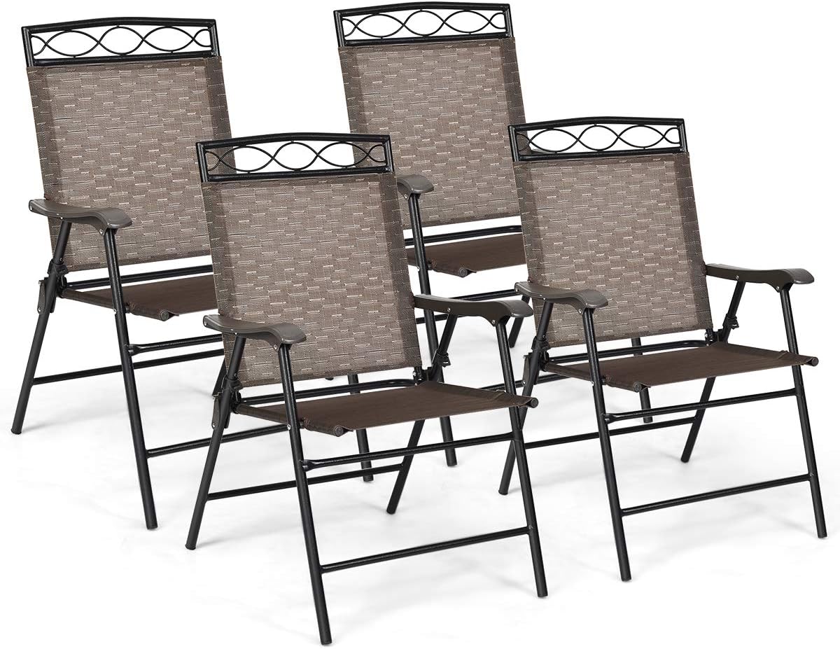 Giantex Set of 4 Patio Folding dining chairs for Camping, Beach, Backyard, Deck Portable w/Armrest and Metal Frame, 4-Pack (Brown)