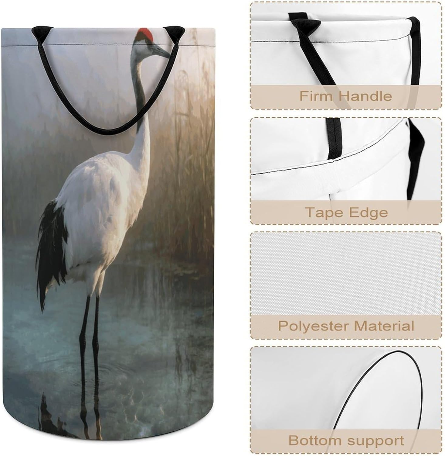 Majestic Crane Laundry Hamper Portable Lightweight Clothes Hampers Fashion Dirty Laundry Storage Basket Large Capacity Foldable Clothes Baskets for Bathroom Bedroom