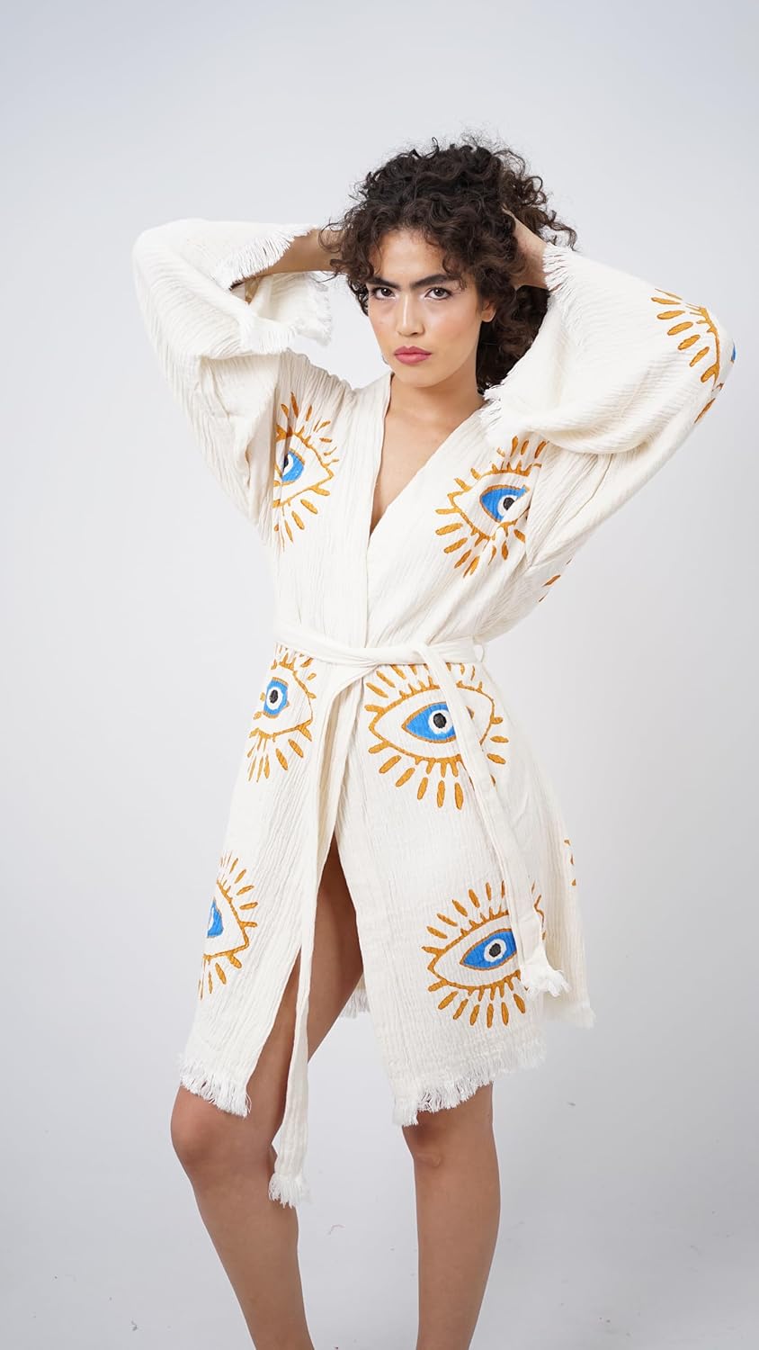 Handmade Evil Eye Boho Festival Midi Size Kimono - Image 3