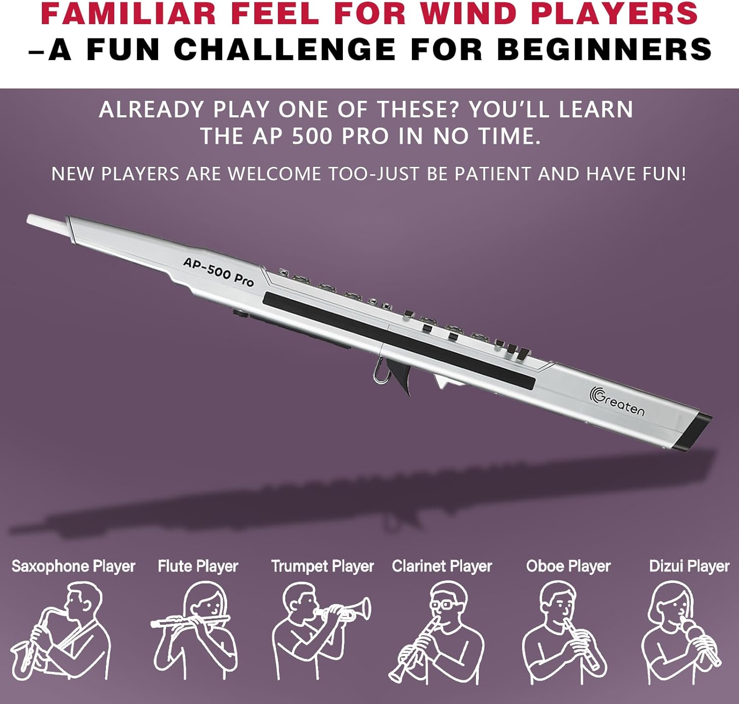 AP 500 Pro Electronic Wind Instrument with Dual Timbres, 120 Tones, Touch Bend Plate, OLED Display, Built-in OTG, Voice Control Digital Saxophone For Practice or Performance (Sliver)