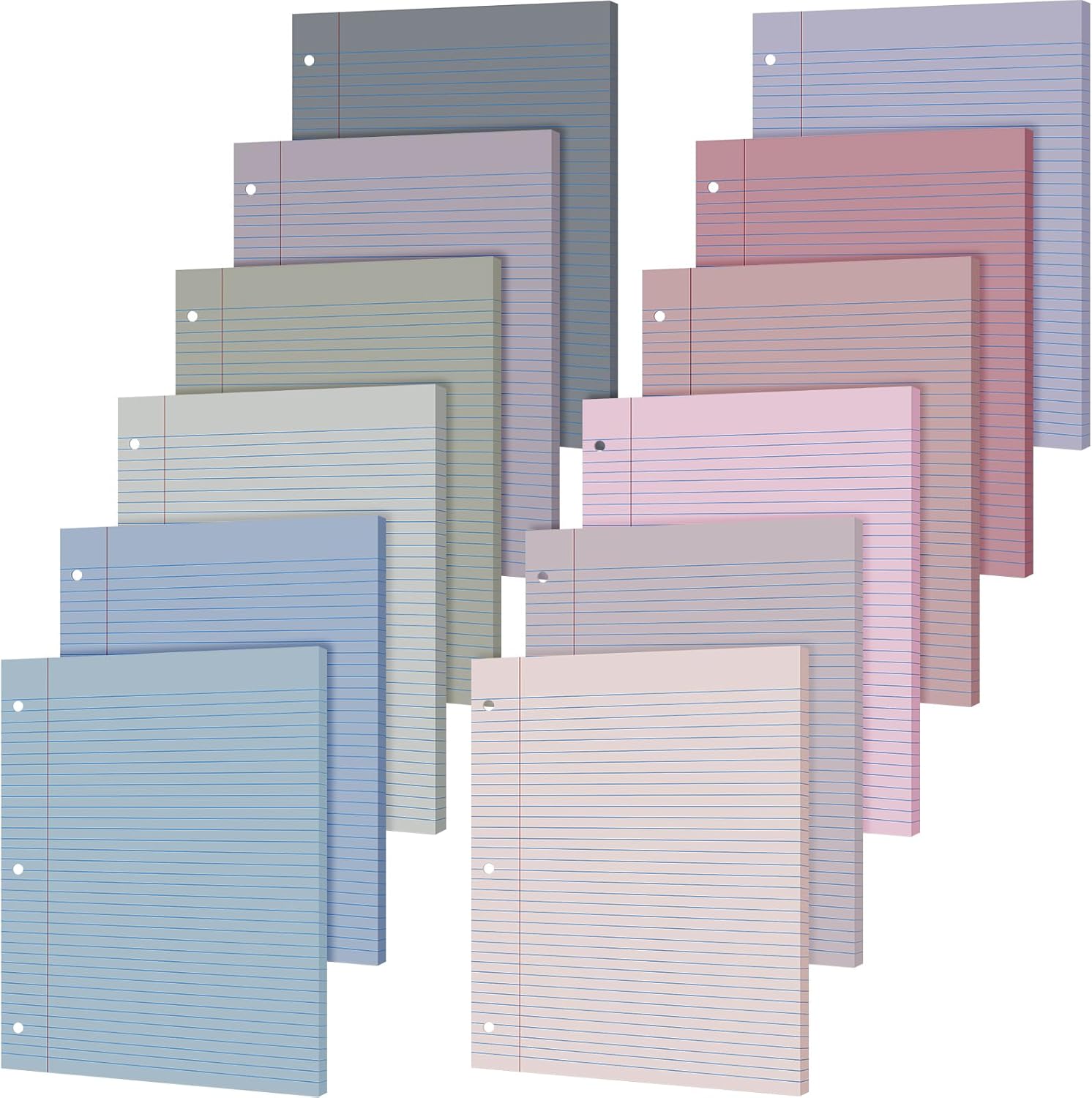 PerKoop 12 Pack 600 Sheets Colored Loose Leaf Paper College Ruled 8" x 10.5", Pastel Colorful Lined Writing Paper 3 Hole Punched Filler for 3 Ring Binder School Office Supplies(Elegant Color)