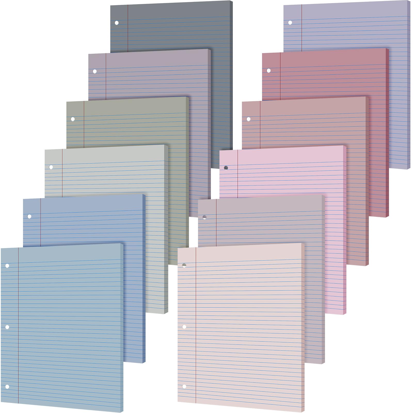PerKoop 12 Pack 600 Sheets Colored Lined Paper Bulk Wide Ruled 8 x 10.5 Inches, Pastel Colorful Loose Leaf Notebook Paper 3 Hole Punched Filler for