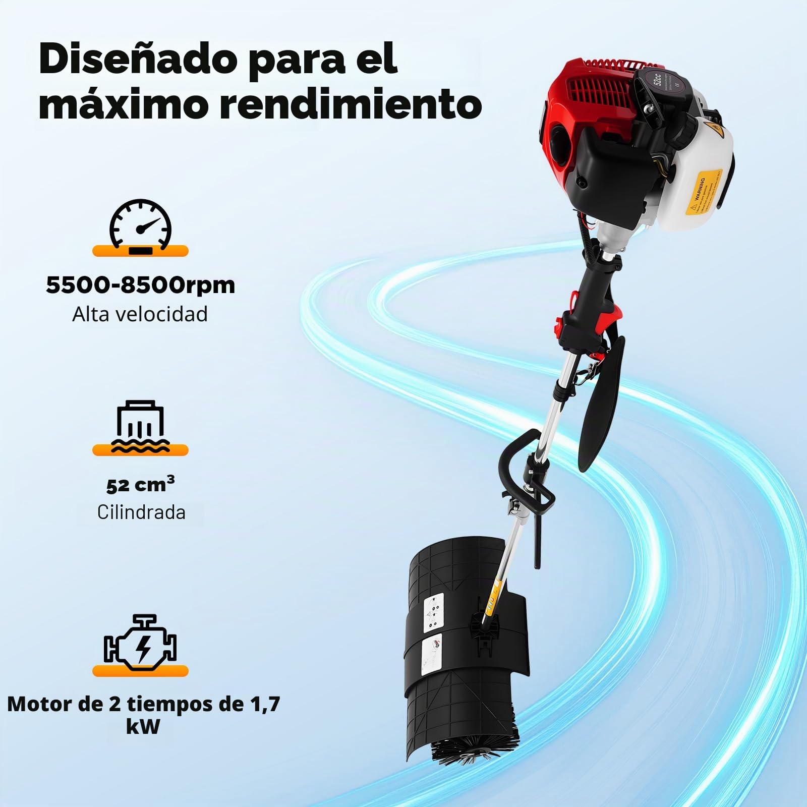 Barredora de gasolina de 52 CC, 2 tiempos, 1,7 kW, 2,3 CV, motor de gasolina Broom, dispositivo de mano/lateral colgante, barrido, limpieza para avenidas, césped (A)