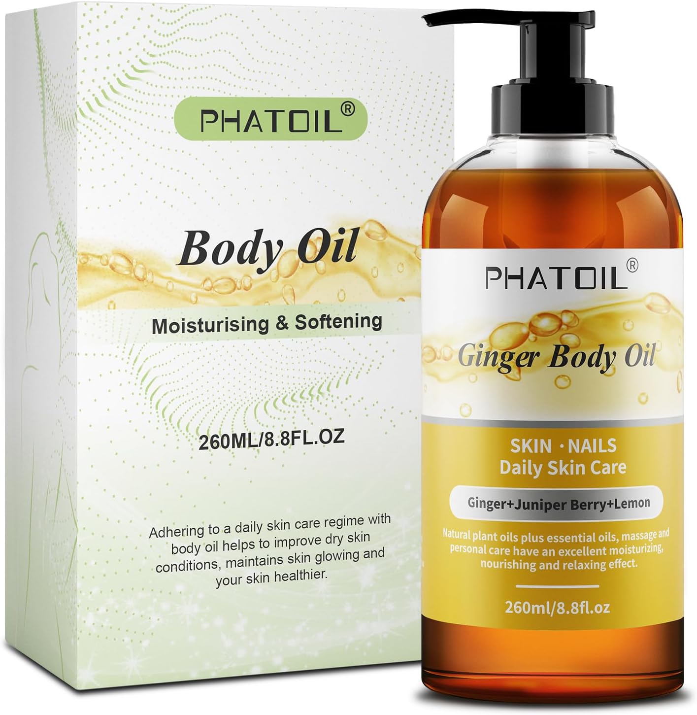 PHATOIL Ginger Oil for Body Massage,Gua Sha, Lymphatic Drainage, 260ML Large Bottle Body Oils for Moisturizing and Nourish Skin, Premium Ginger Body Massage Oil for All Skin Types(8.8oz)