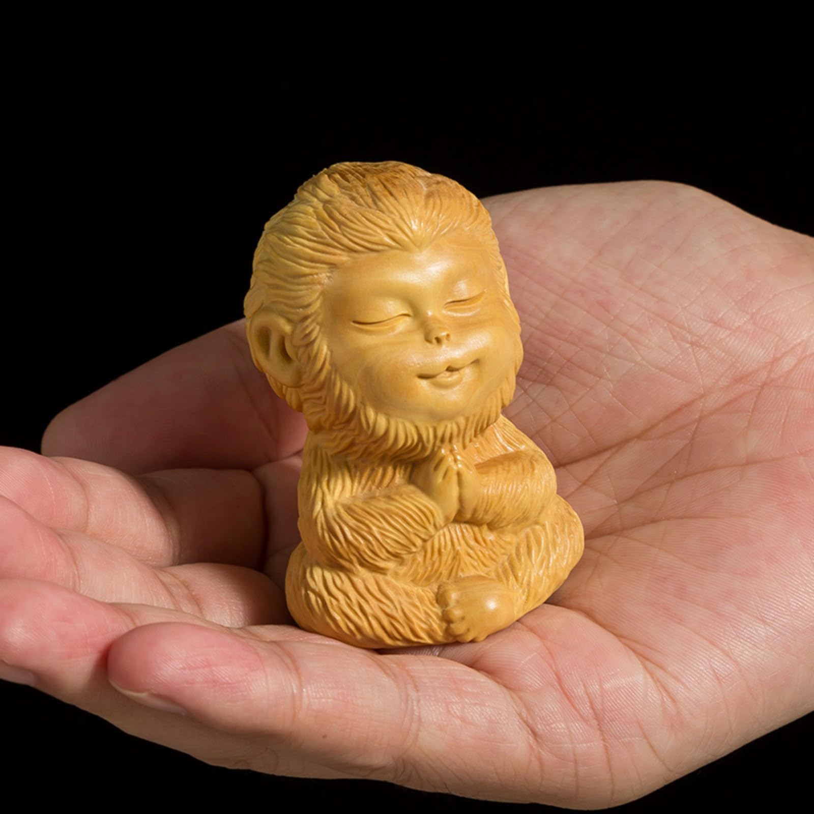 Boxwood Monkey Mini Monkey King Handheld Statue, 6cm 2.3in, Room Wood Carving Small Ornament