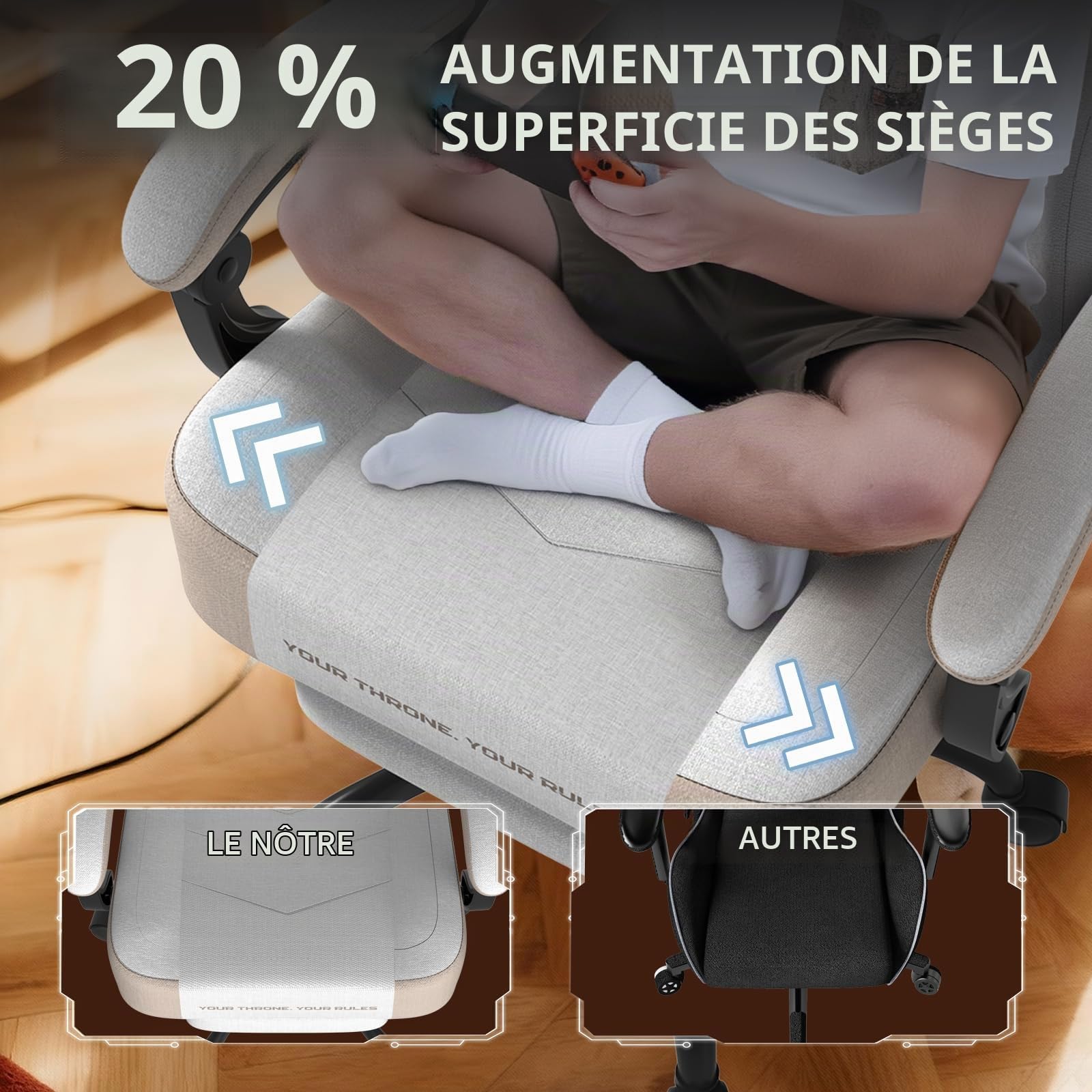Verdego Chaise Gaming Ergonomique, Fauteuil Gaming avec Coussin Lombaire Massant, Repose-Pieds Rétractable, Accoudoirs Réglables, Tissu Cuir, Chaise Gamer Dossier Inclinable 135°, Beige Kaki