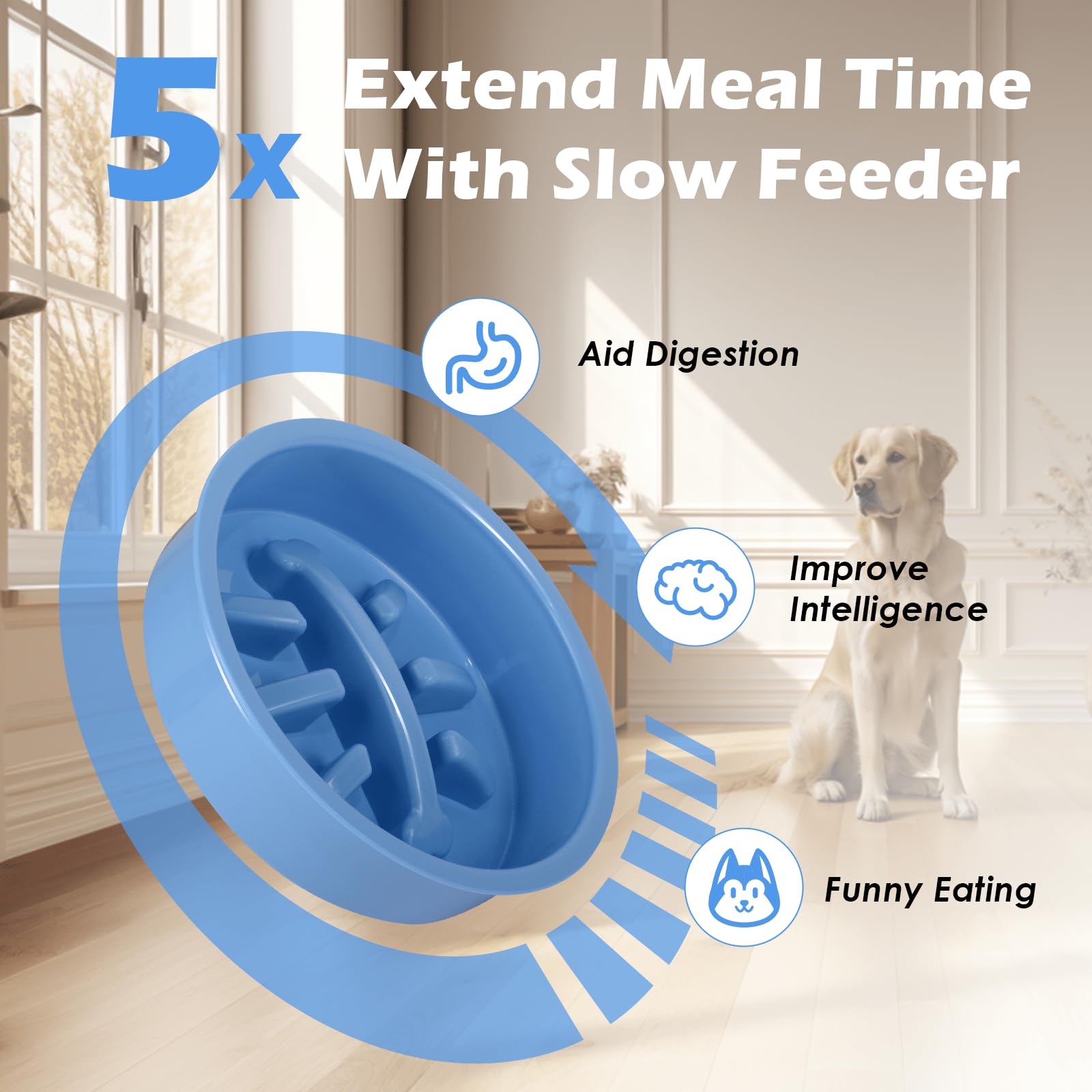 SHAINFUN Soporte Elevado Azul para Perros con Dos Cuencos de Acero Inoxidable de 1700 ml, un comedero Lento y tapete a Prueba de derrames, Cuencos elevados Ajustables para Razas Grandes, Medianas y