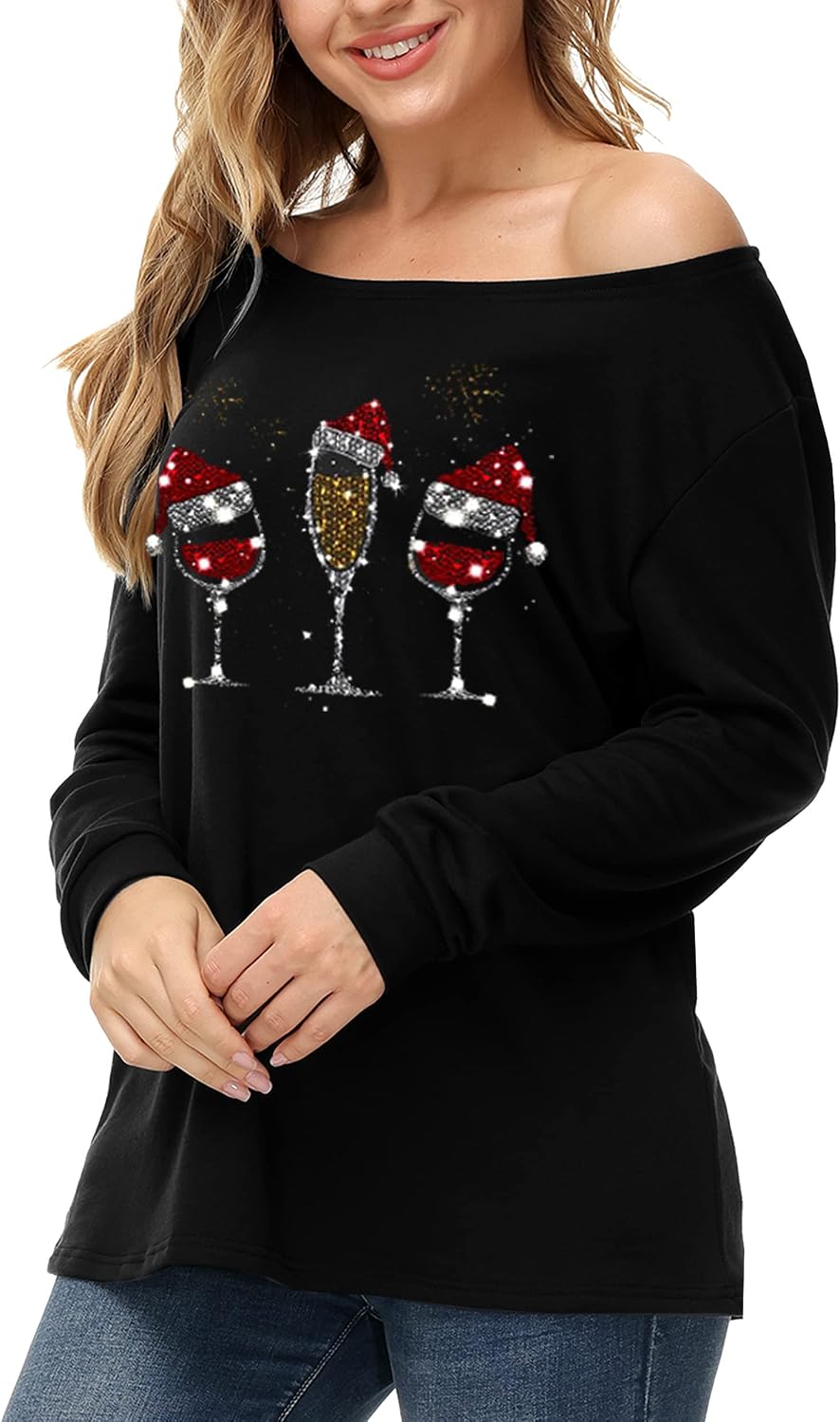 Christmas Womens Long Sleeve Black Lightweight Sweatshirt Sexy Wine Hat Off Shoulder Graphic Top S