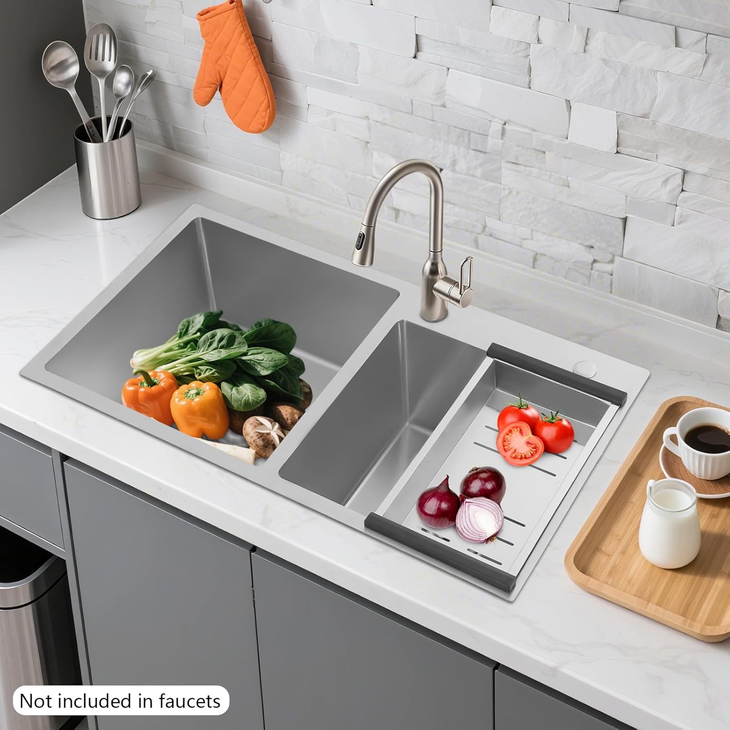 Double Bowl Kitchen Sink, Drop-in/Topmount Kitchen Sink, Commercial Stainless Steel Deep Sinks with Basket Strainer, 30.71 * 16.93 * 8.27 Inch