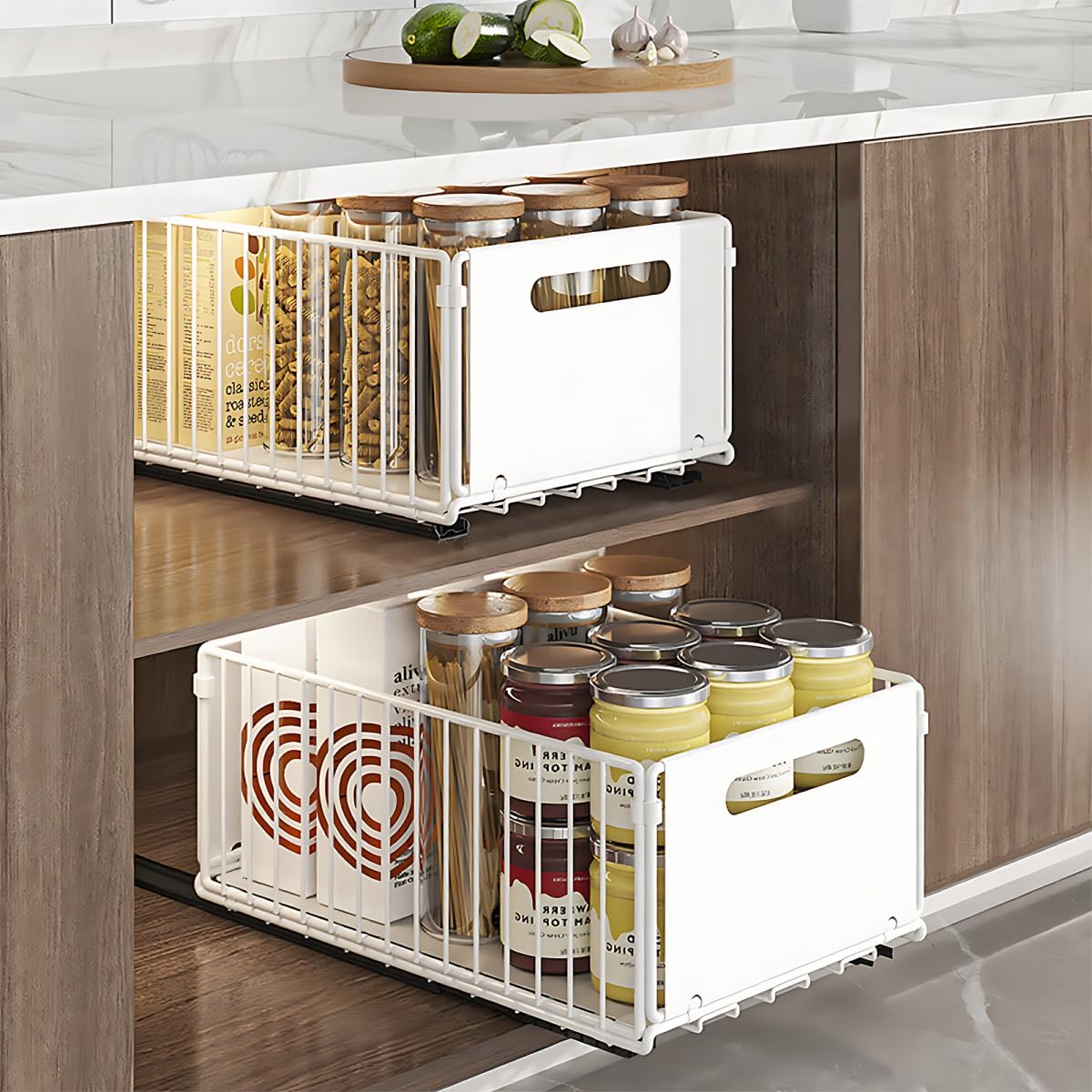 Hovoto White 2Pcs Pull Out Cabinet Organiser Foldable, 2Pcs Pull Out Drawers For Kitchen Cupboards, Pull Out Shelf Kitchen Storage Drawer For Kitchen Cupboard, Bathroom, Bedroom, White, 24.5 * 37.5 * 19Cm
