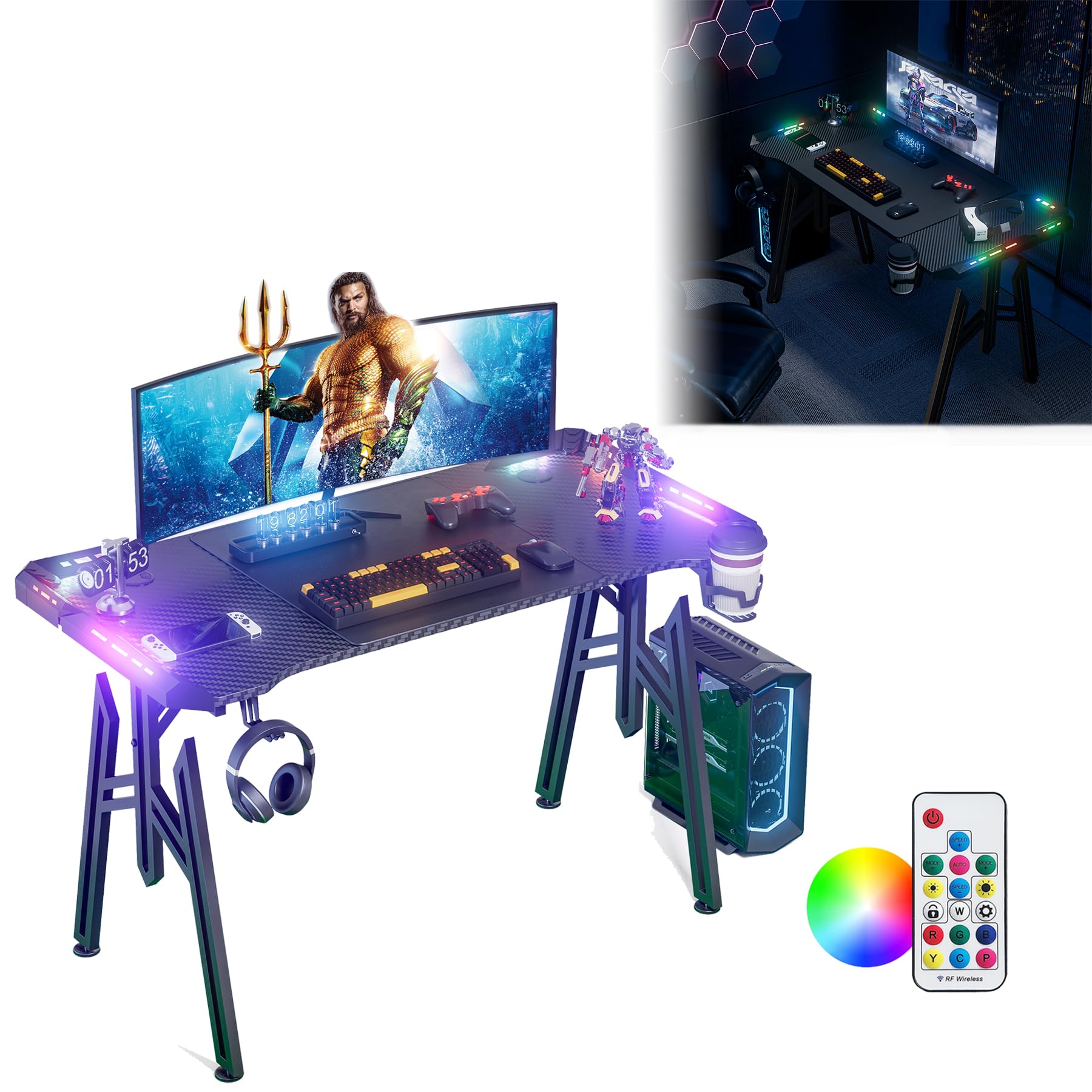 UISEBRT 120x60x73cm M Frame Gaming Escritorio con LED, Mesa de ordenador con soporte para bebidas y auriculares, gancho de superficie de fibra de carbono, mesa de jugador, color negro, mesa ergonómica