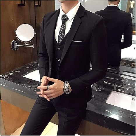Amazon Co Jp ジャケット ベスト パンツ メンズカジュアルビジネスフォーマルソリッドカラースーツ3ピースセットハイエンドブランド新郎ウェディングドレスタキシード Color Black Size Asian L 56 60kg 服 ファッション小物