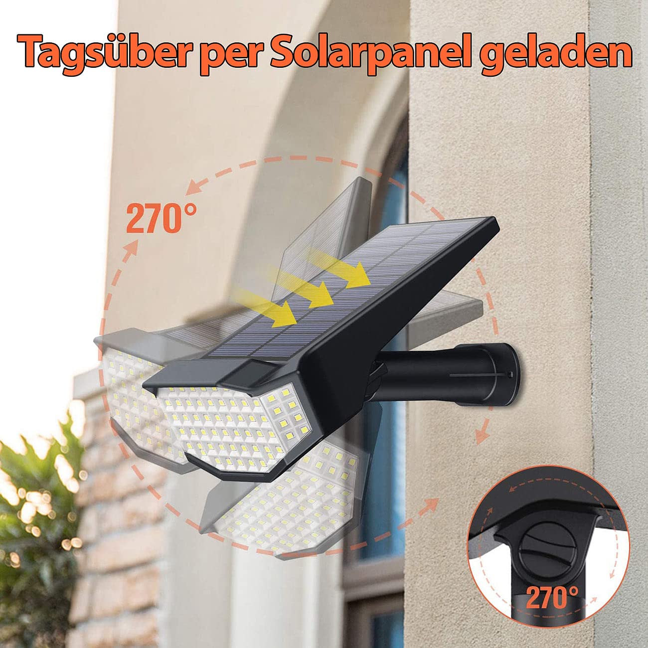 Luminea Set di 2 faretti solari da giardino a LED ad alta potenza, 650 lm, IP65, luce bianca calda (picchetto solare da giardino, illuminazione solare per terrazze, lampada da giardino)