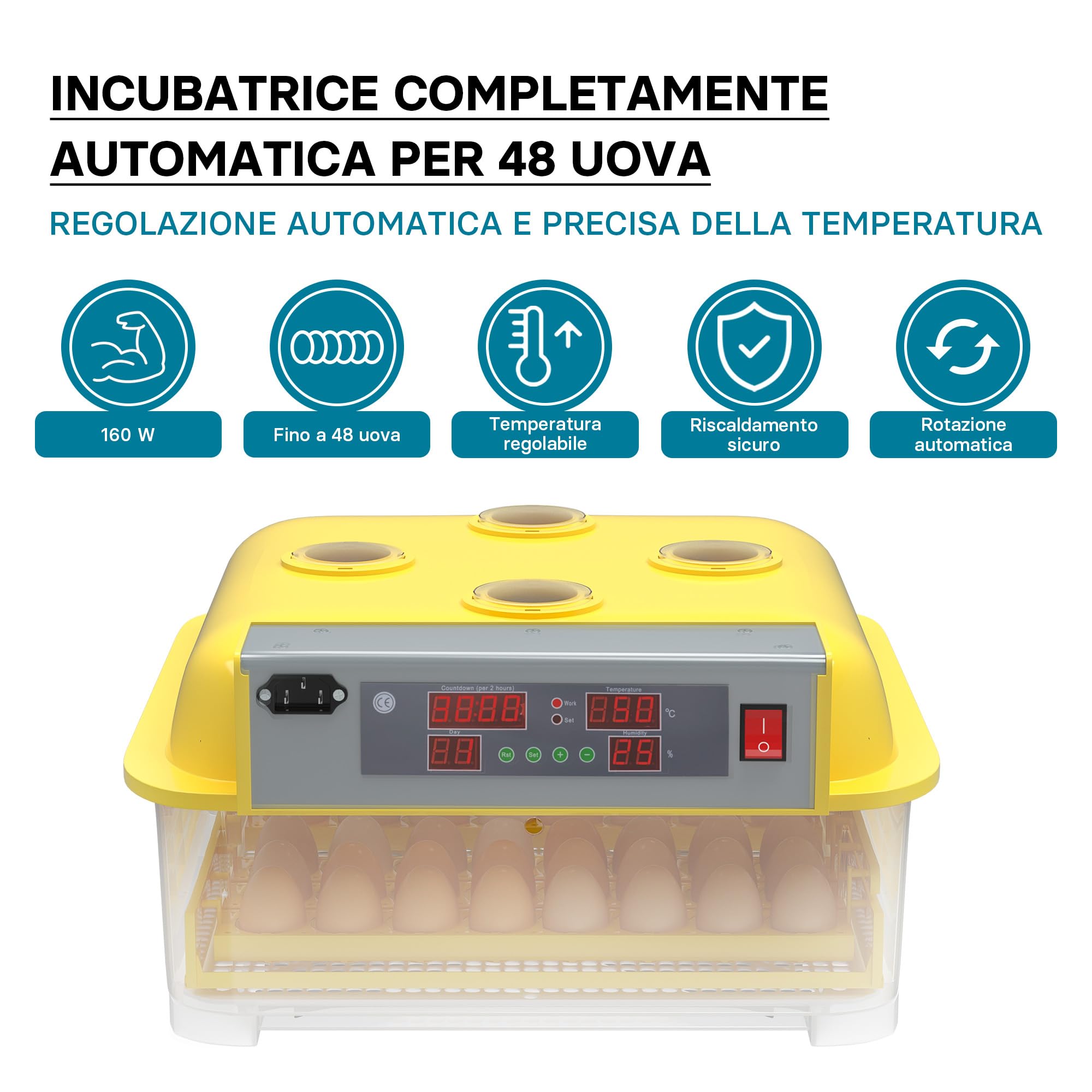 Wiltec Incubatrice automatica per 48 uova, con regolazione temperatura e umidità, Covatrice