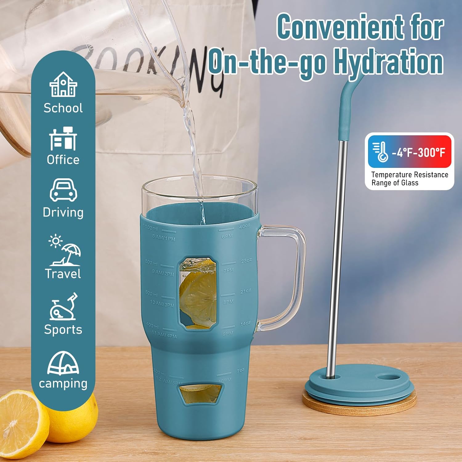Glass Cups with Handle and Bamboo Lids - 40oz Tumbler with Stainless Steel Straw | Glass Water Bottle with Silicone Sleeve for Coffee, Smoothi, Hot, Cold Drinks for Travel/Office/Home (Dark Blue)