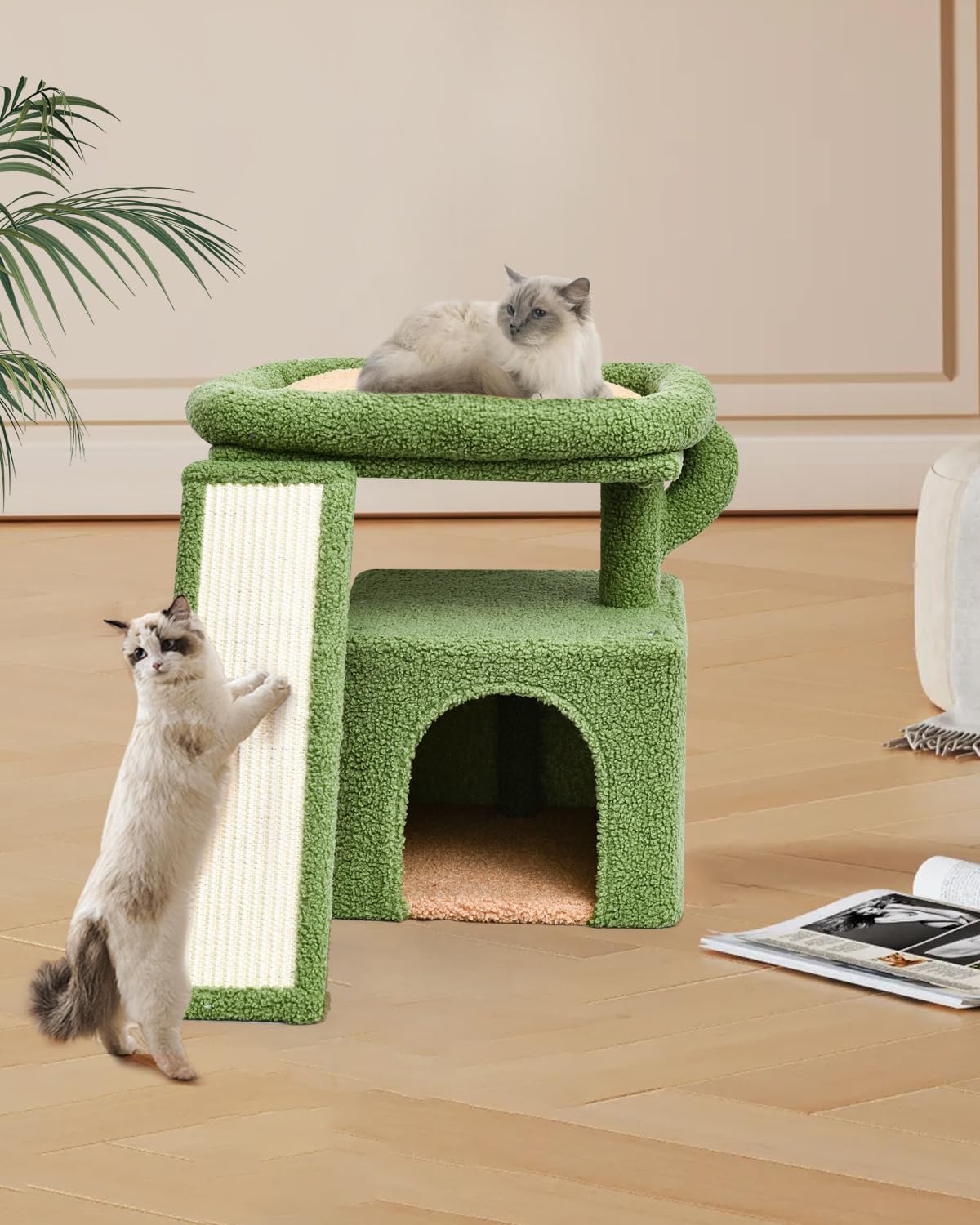 Small Cactus Cat Tree for Indoor Cats, Green Cat Tower with Scratching Post & Board, Unique Cactus Cat House with Perch for Kittens, Stable Condo and Stand (Green)