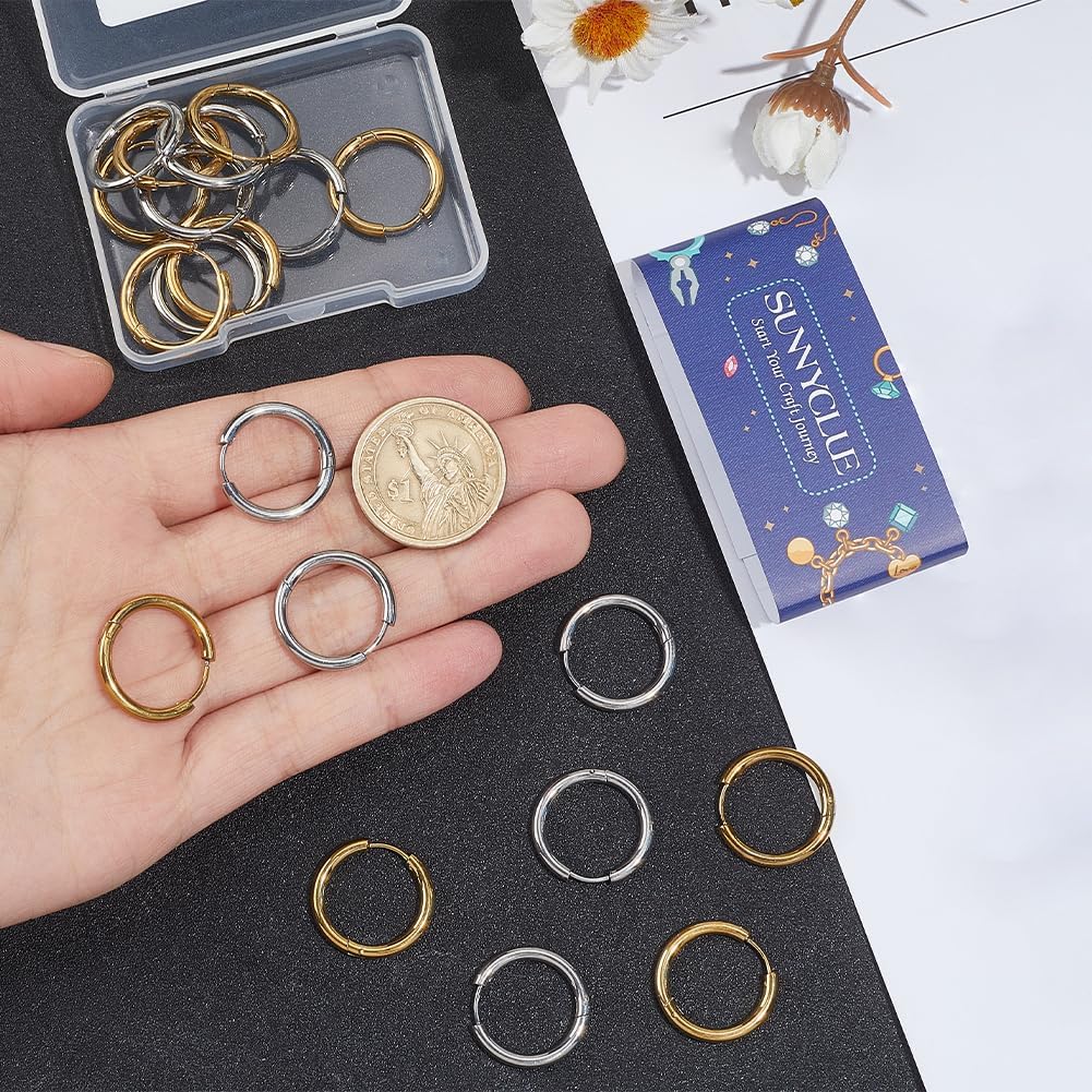 SUNNYCLUE 1 Box 24Pcs 2 Colors 20mm Huggie Hoop Earrings Gold Earrings Hoop Bulk Silver Stainless Steel Metal Round Ear Hooks for Jewelry Making Accessories DIY Crafts Gifts Women Adult Supplies image 3