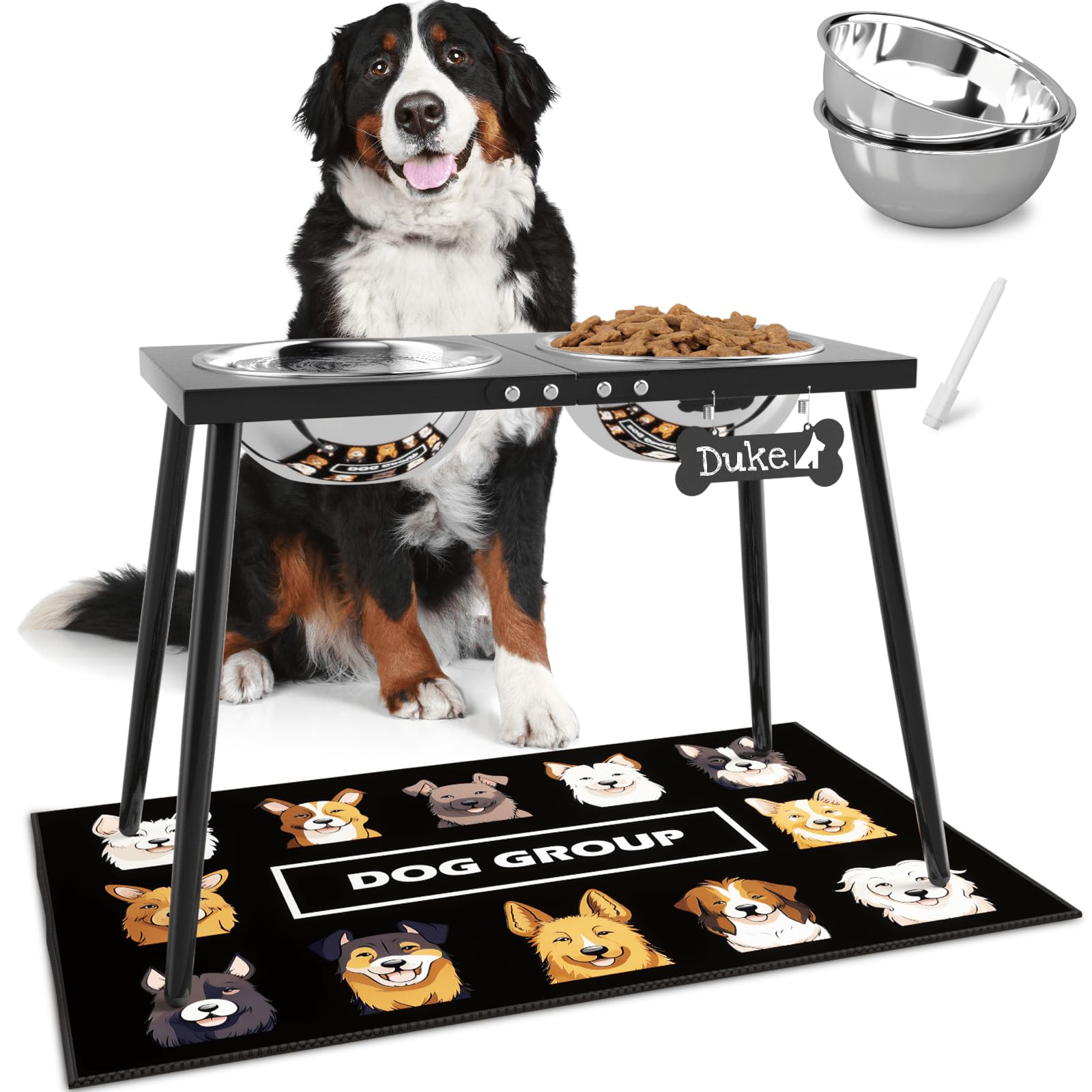 ADENGL Metal Elevated Dog Bowls, 17in Tall Raised Dog Bowl Stand, Dogs Raised Stand with 3000ml Stainless Steel Bowls and Sprill Proof Mat for Extra