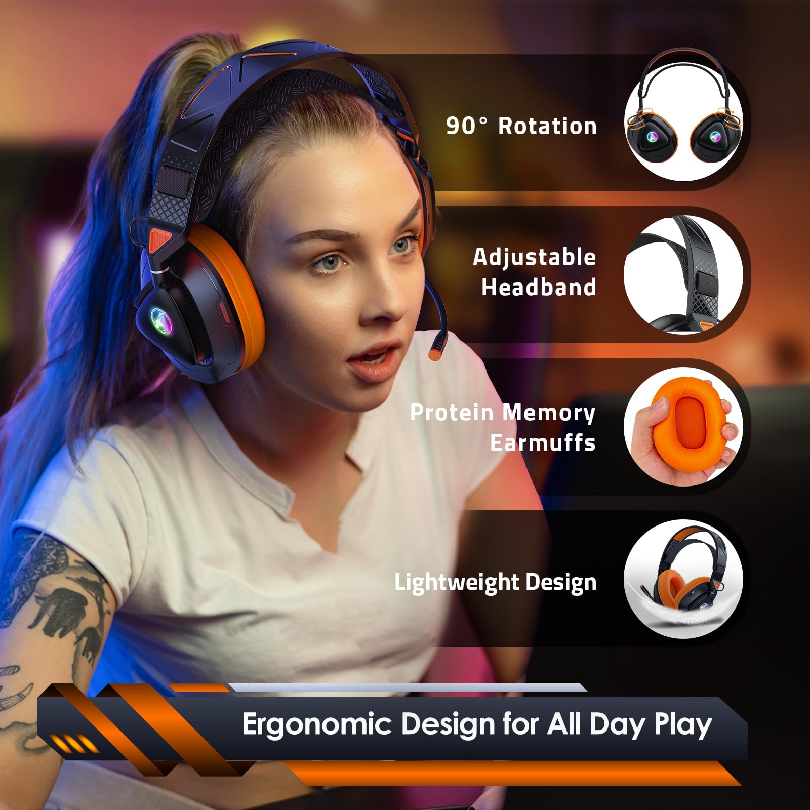 PH3 Kabelloses Gaming Headset für PS5, PS4, PC,Bluetooth-Kopfhörer mit 50 Stunden Akku, Gaming-Headset mit Mikrofon mit Geräuschunterdrückung,RGB Licht, Hellorange