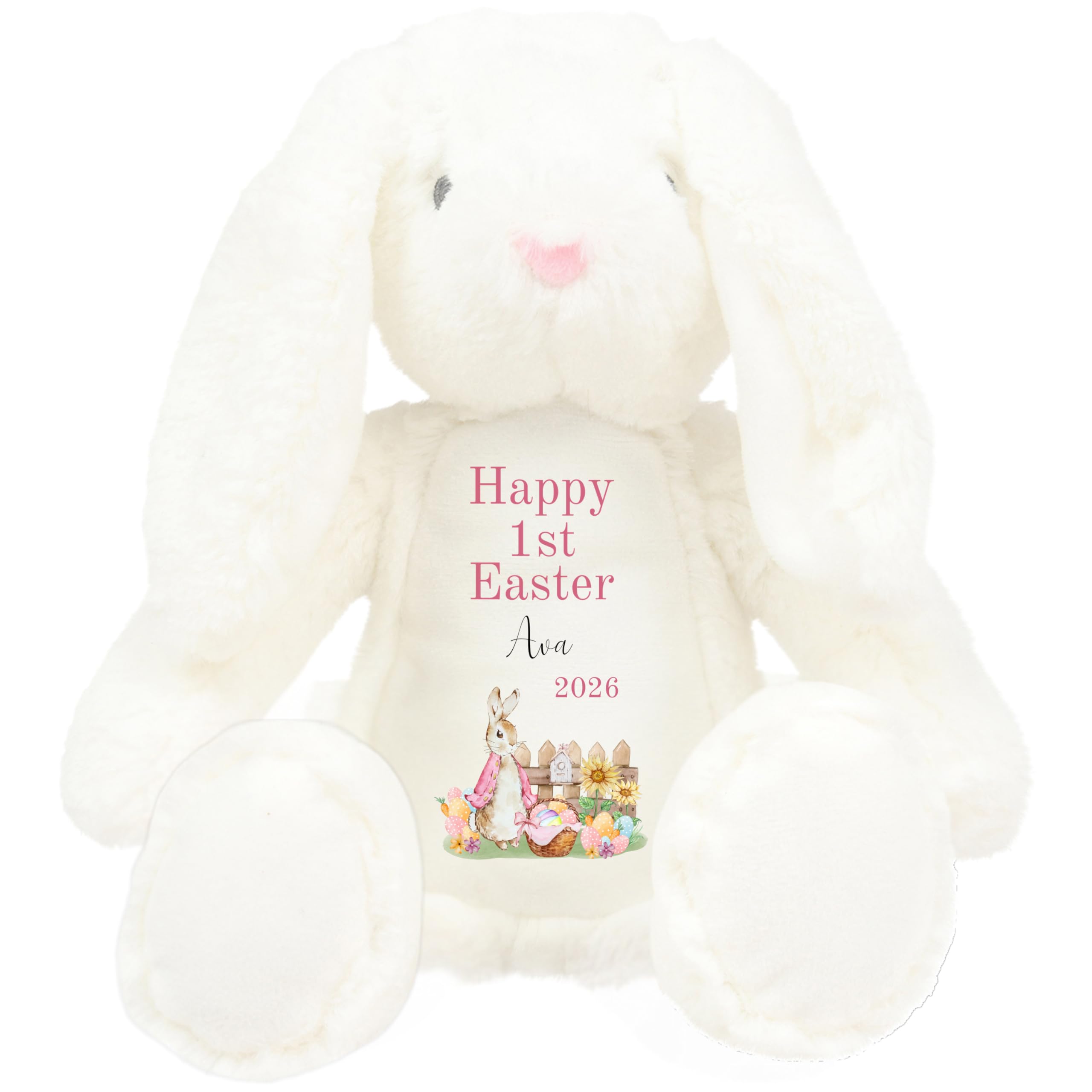 HotScamp Personalised Easter Bunny with Name - Rabbit Happy 1st Easter 2026 Pink - Soft Toy for Baby, Toddler, Child, Kids, Babies Spring Time - Pink Letter White Bunny