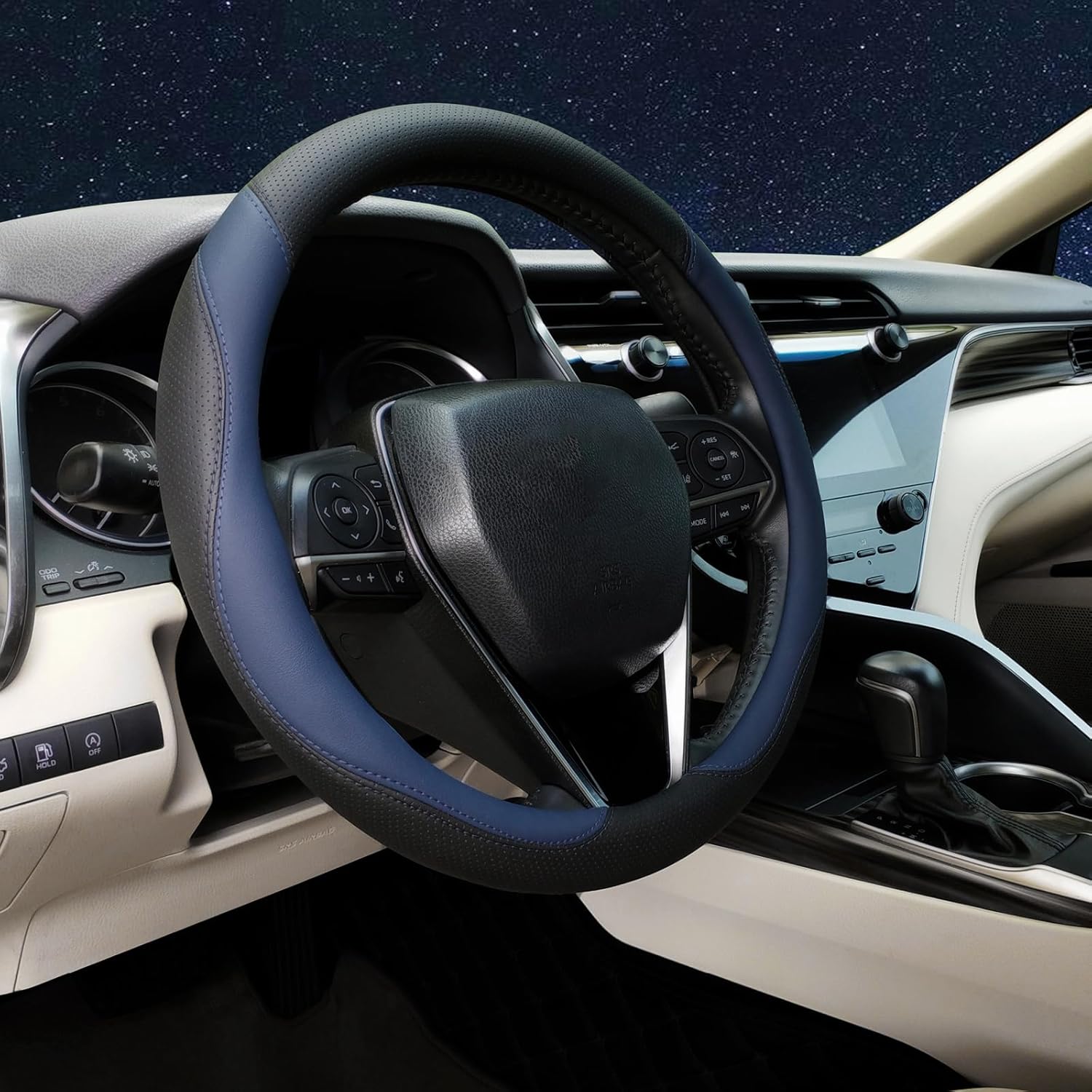 Steering Wheel Cover Standard Size 14.5-15 inch, Breathable Microfiber Leather, Anti-Slip, Soft Grip, Fits Most Cars, SUVs, and Trucks, Black and Blue - Image 2