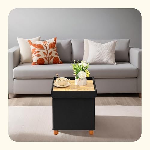 Miniatura 6 de PINPLUS Cubo otomano de almacenamiento, reposapiés de lino blanco con patas de madera, reposapiés de tela plegable, asiento cómodo con tapa, otomana