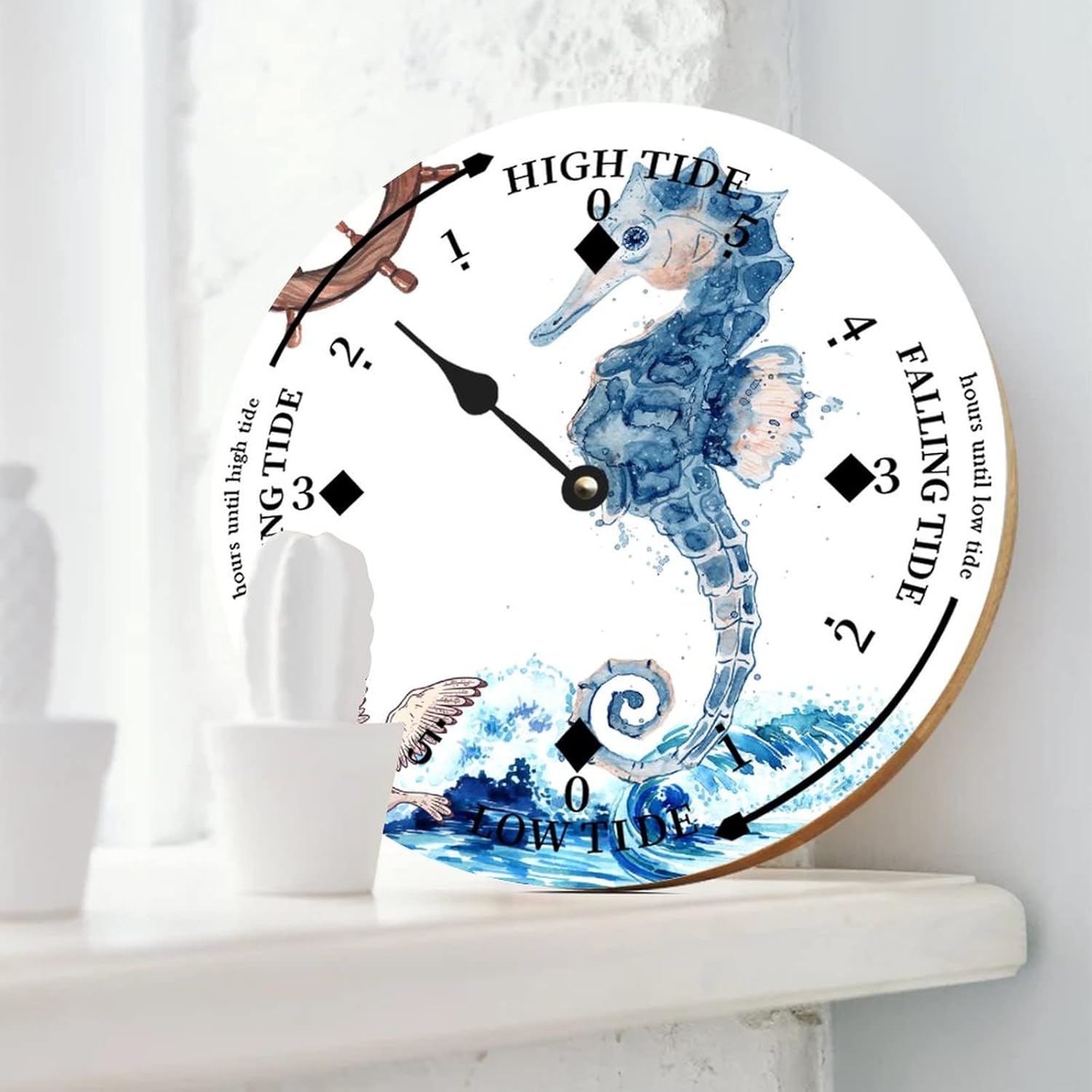 Ocean Hippocampus Tide Clock Silent Non-Ticking Battery Operated Wooden Moon Tidal Clock Wood Wall Art Nautical Tide Movement Clock for Restaurant Living Room Home Decor 15 Inch