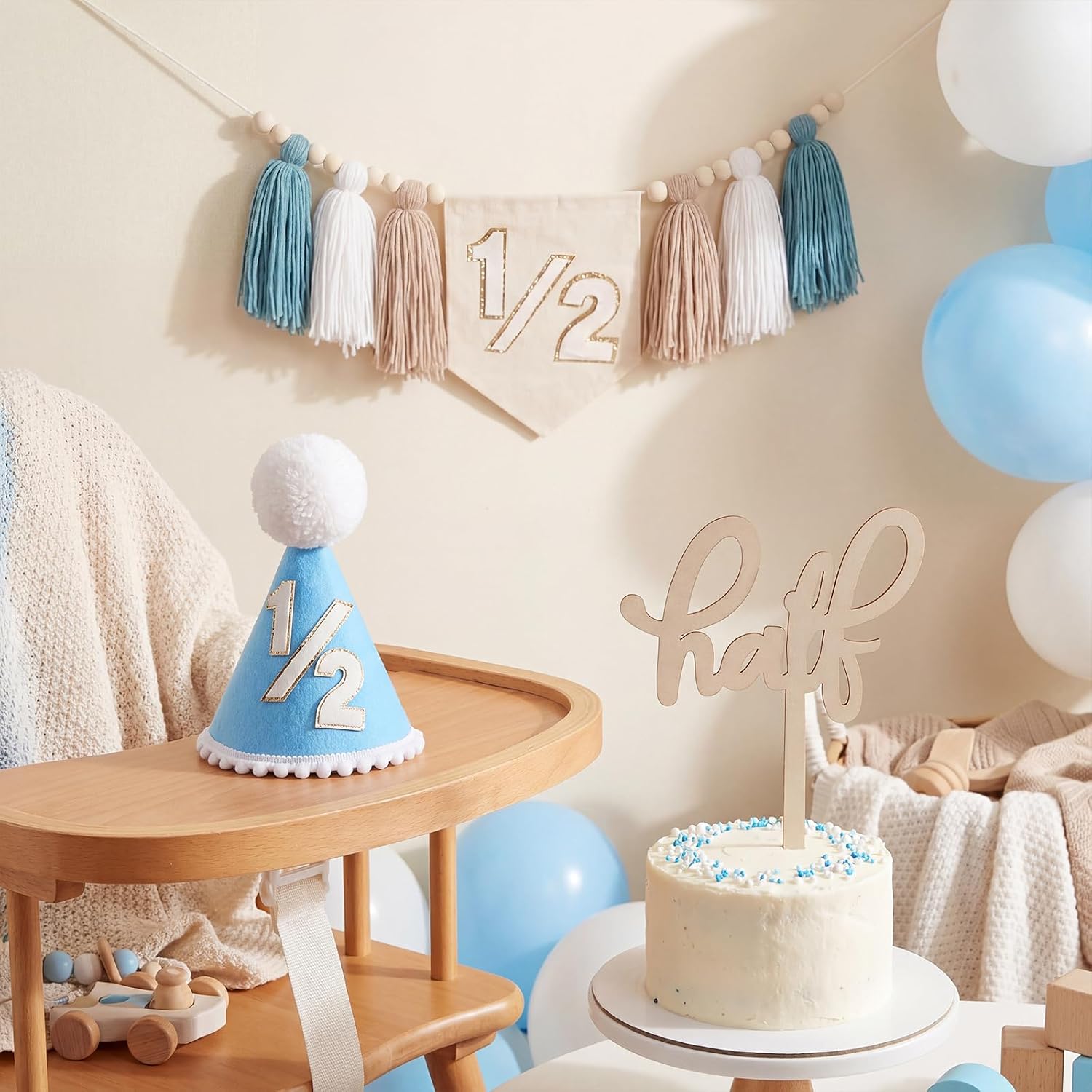 NatNarr 1/2 Birthday Decorations, Half Way to One Baby Boy 6 Months Birthday Decorations with Blue White Khaki Tassel Wooden Beads Half-Year Banner, Glitter Age Hat, Cake Topper for Baby Boy Birthday