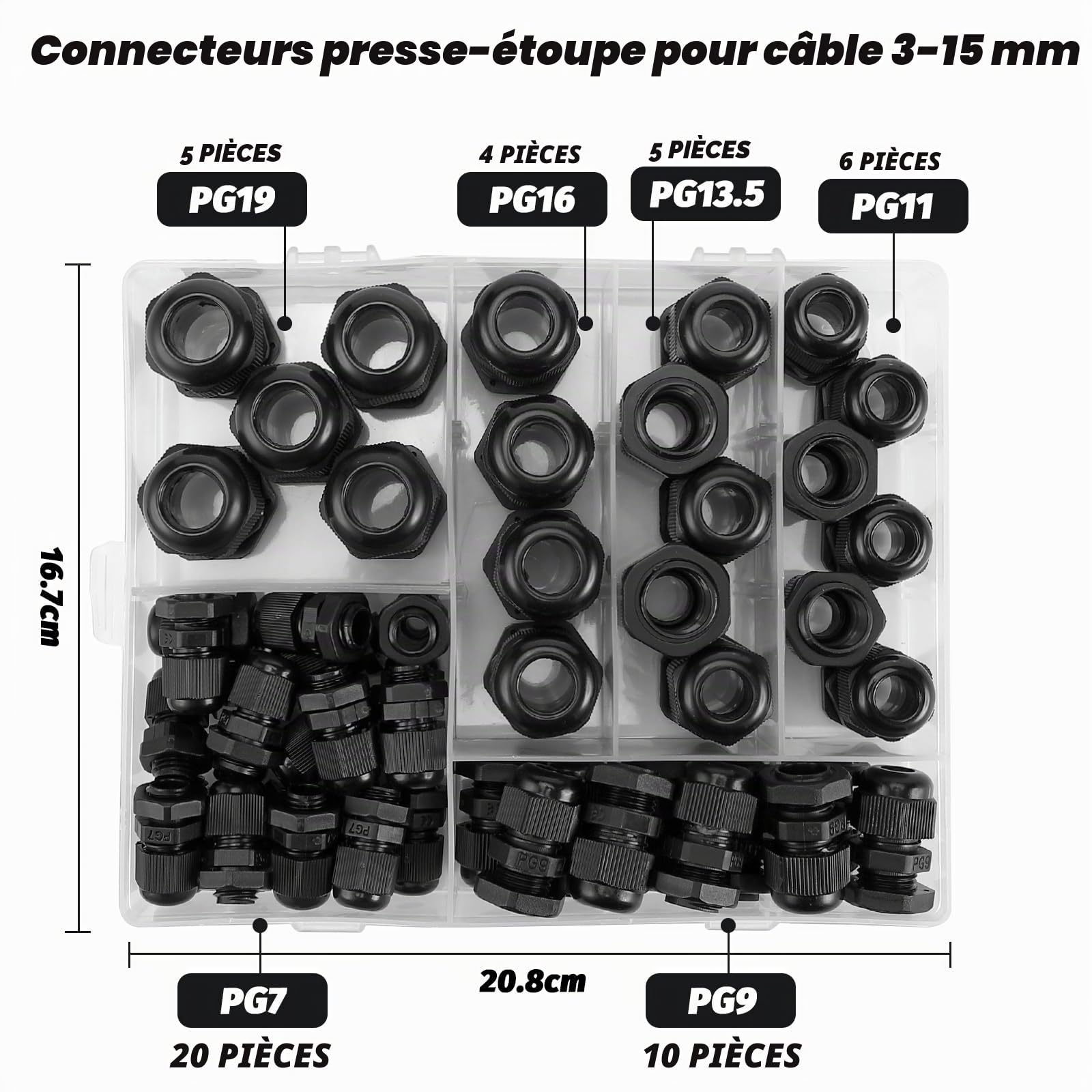 Presse Étoupe, 50 Pièces Presse Étoupe Étanche en Nylon, PG7 PG9 PG11 PG13,5 PG16 PG19 Réglable Connecteurs Glandes pour Maison Jardin Éclairage d'extérieur Câble