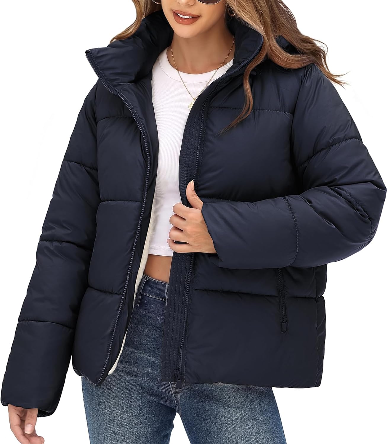 Tuopuda Women's Puffer Jacket Faux Fur Lined Warm Quilted Winter Coat Short