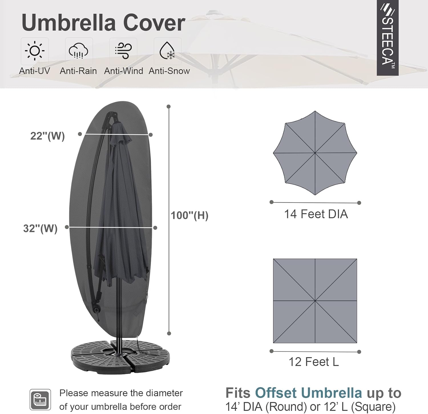 Patio Waterproof Umbrella Cover, Outdoor Offset Parasol Cover for 12-14 Feet Cantilever Banana Frame Umbrella, Black - Image 2