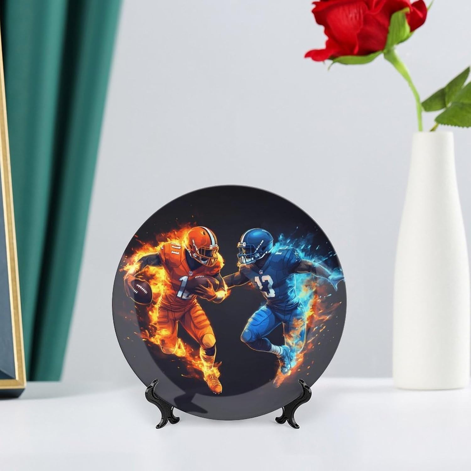 Football Men Pattern Bone China Decorative Plate with Stand Home Dessert Plates Gift for Men Women 6inch