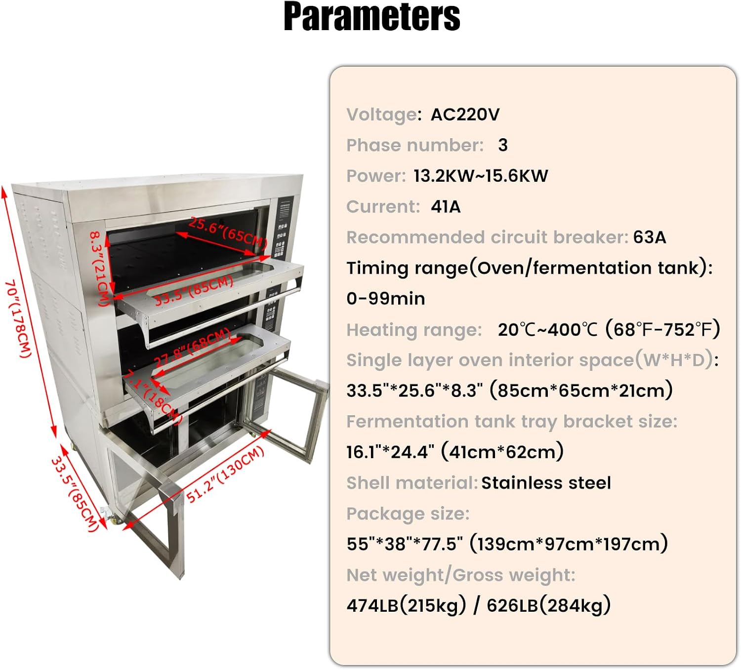 Electric Pizza Oven up to 400℃(752℉) Commercial Portable Indoor Pizza Triple Oven with Fermentation Tank Fits 4 Baking Sheets and 8 Fermentation Sheets AC220V/13.2kW