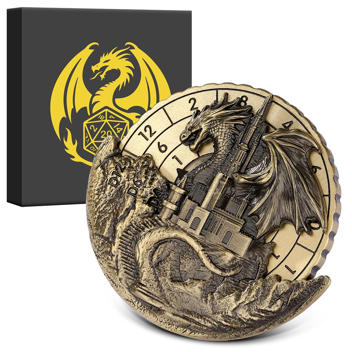 7-in-1 Dragon and Castle Fingertip Gyro, DND Wheel Dice Spiner, DND Starter Set, 7-in-1 Metal Dice Set, D&D Gifts with Dragon Logo Gift Box, Tabletop Games, Role Playing Board Game Accessories, Bronze