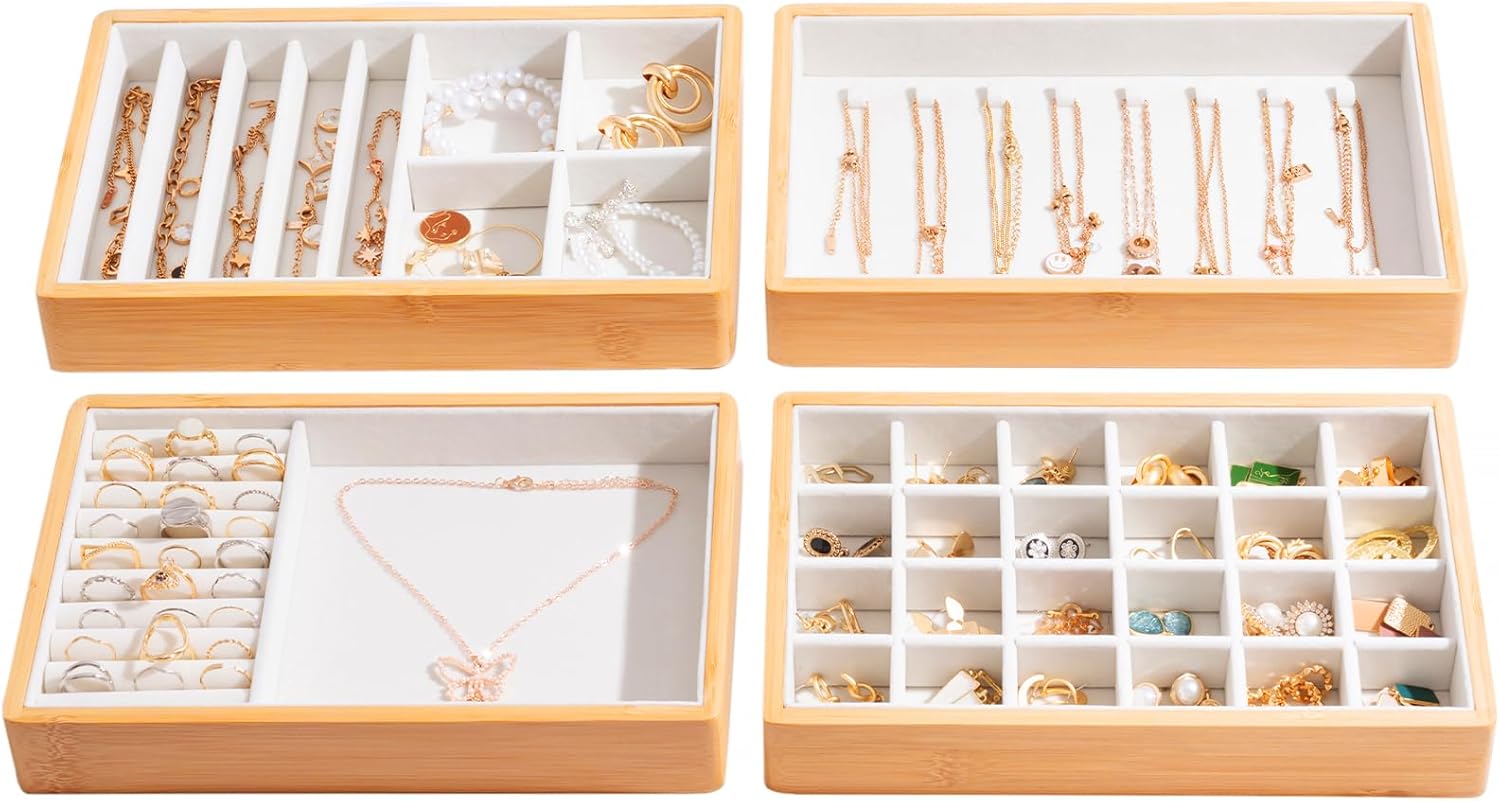 ProCase 4-Set Bamboo Stackable Jewelry Organizer Tray, Jewelry Drawer Inserts Container Display Case Storage for Earring Necklace Rings Bracelet with Removable Dividers -Warmwhite