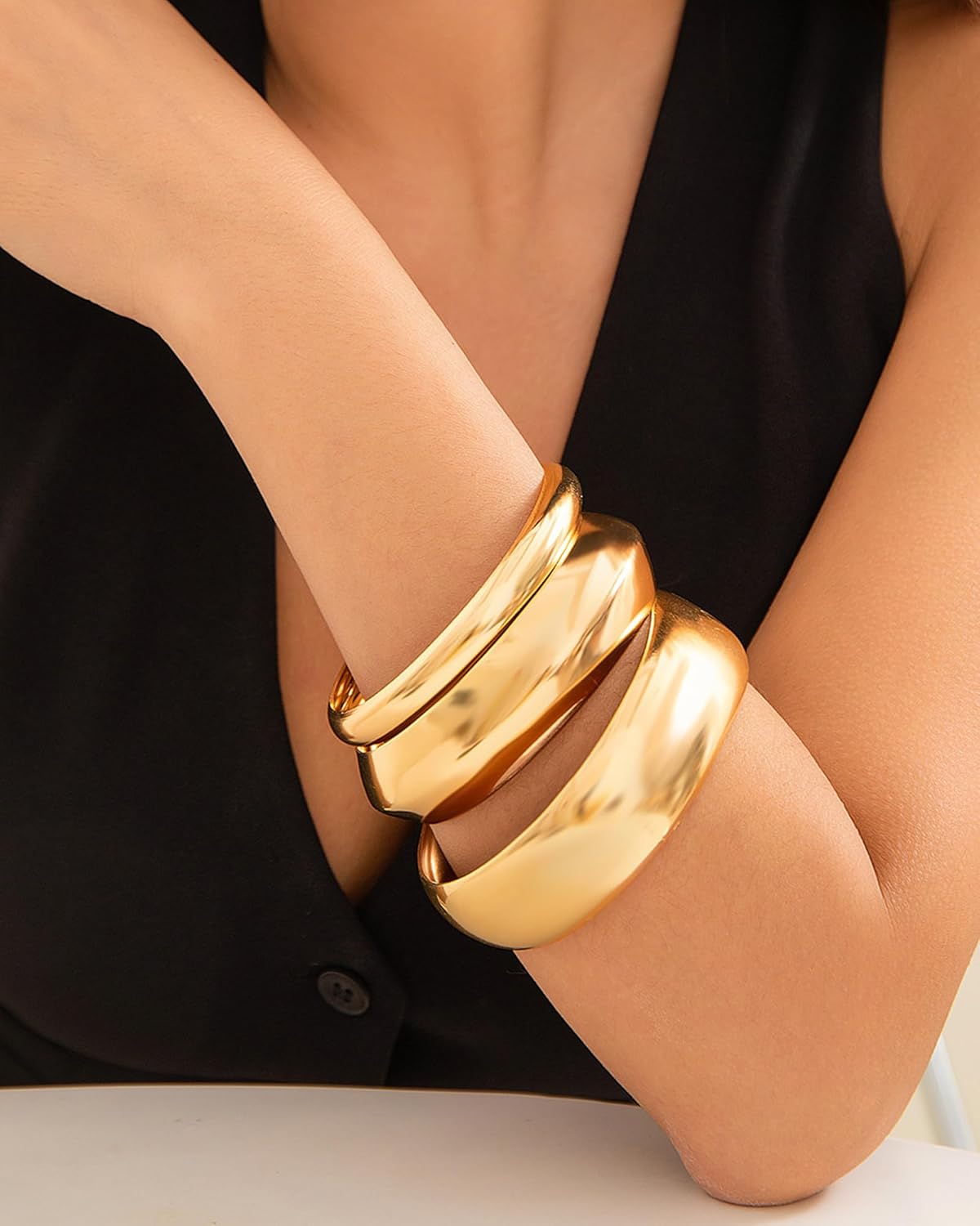 Gold Bangles for Women 14k Gold Plated Gold Cuff Bracelets Adjustable Chunky Bangles Hammered Textured Irregular Cuffs Statement Jewelry Gifts for Her - Image 3