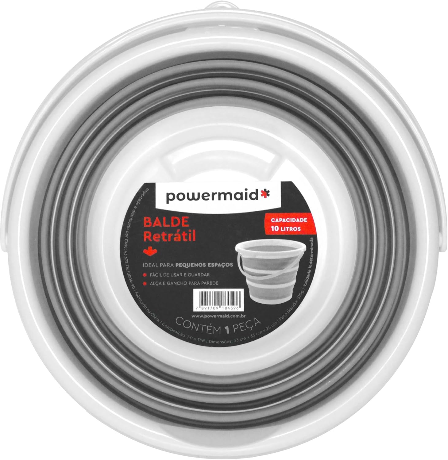 Powermaid Balde Retrátil de Silicone com Alça Dobrável Multiuso - 10 Litros - Branco e Cinza