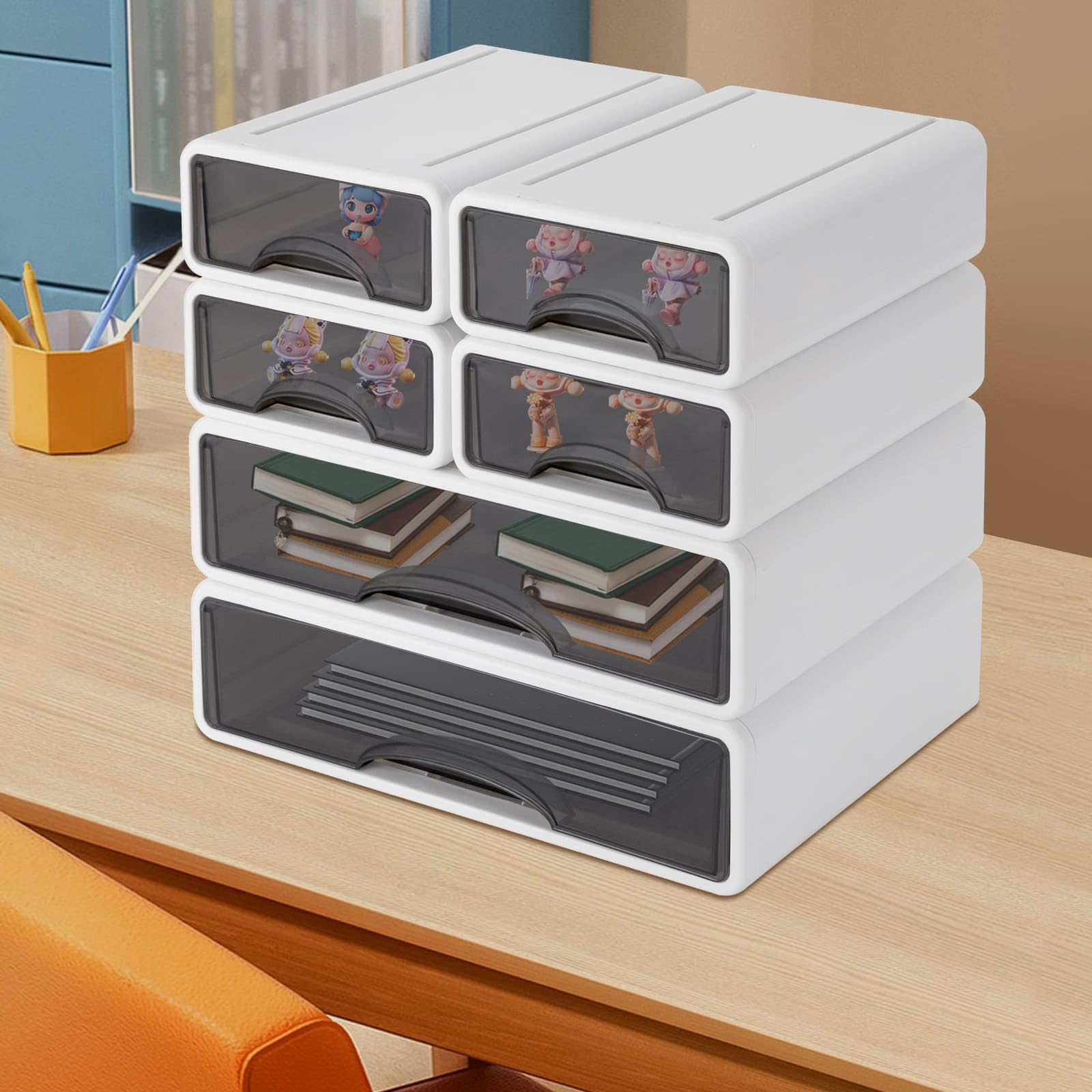Lot de 6 Organiseurs de bureau en plastique avec tiroirs, Boîtes de Rangement Empilable à Volonté, 25P x 34L x 33H cm, Pour Documents, Fournitures de bureau, Clés, Crayons (Blanc)