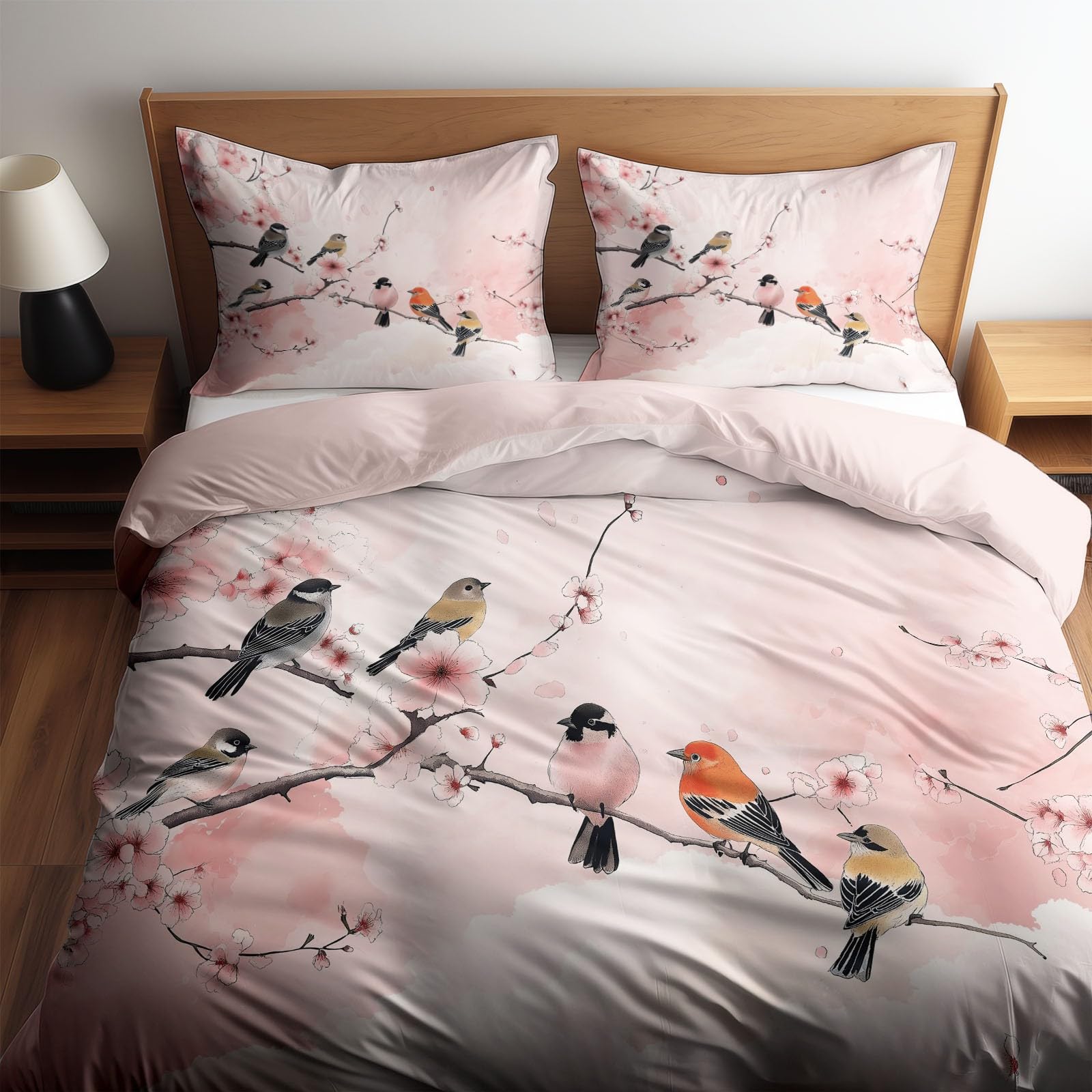 Housse de couette 140x200 style chinois floral oiseaux parure de lit 1 personne fermeture éclair